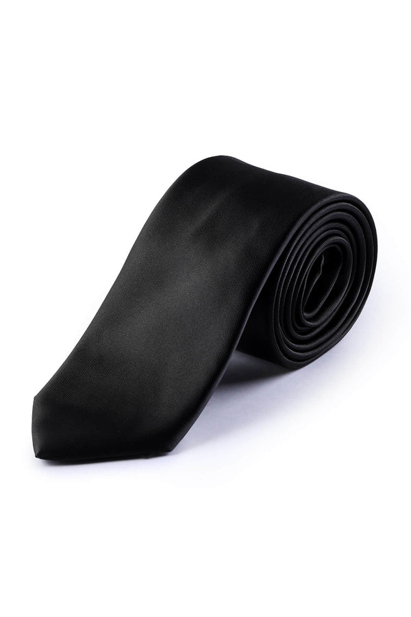 Black satin tie with a smooth, glossy finish and subtle texture.