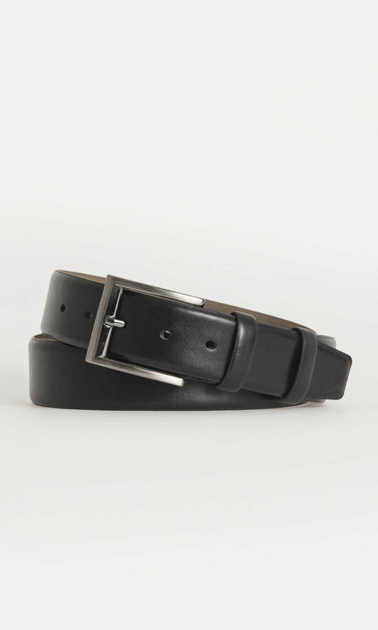 Black leather belt with a sleek silver-toned buckle.