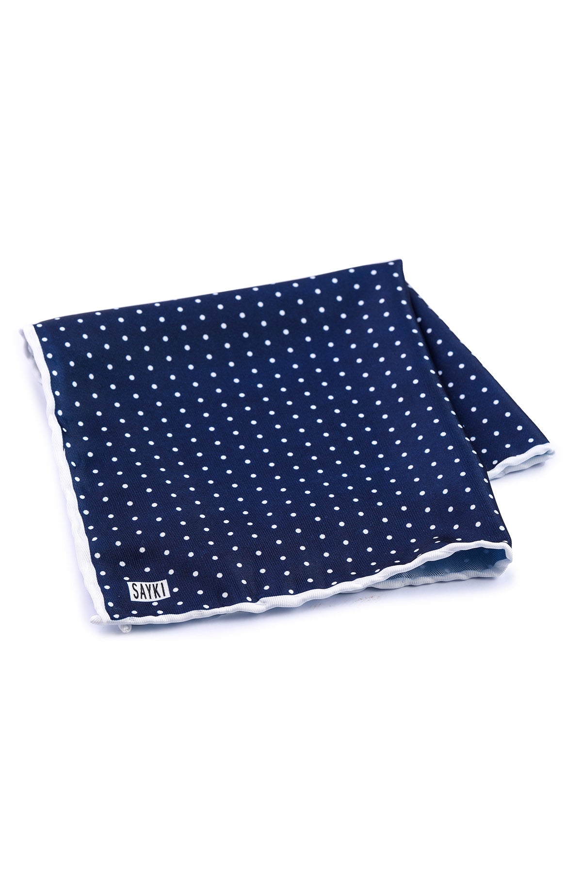 Navy blue pocket square with white polka dots and a scalloped white edge