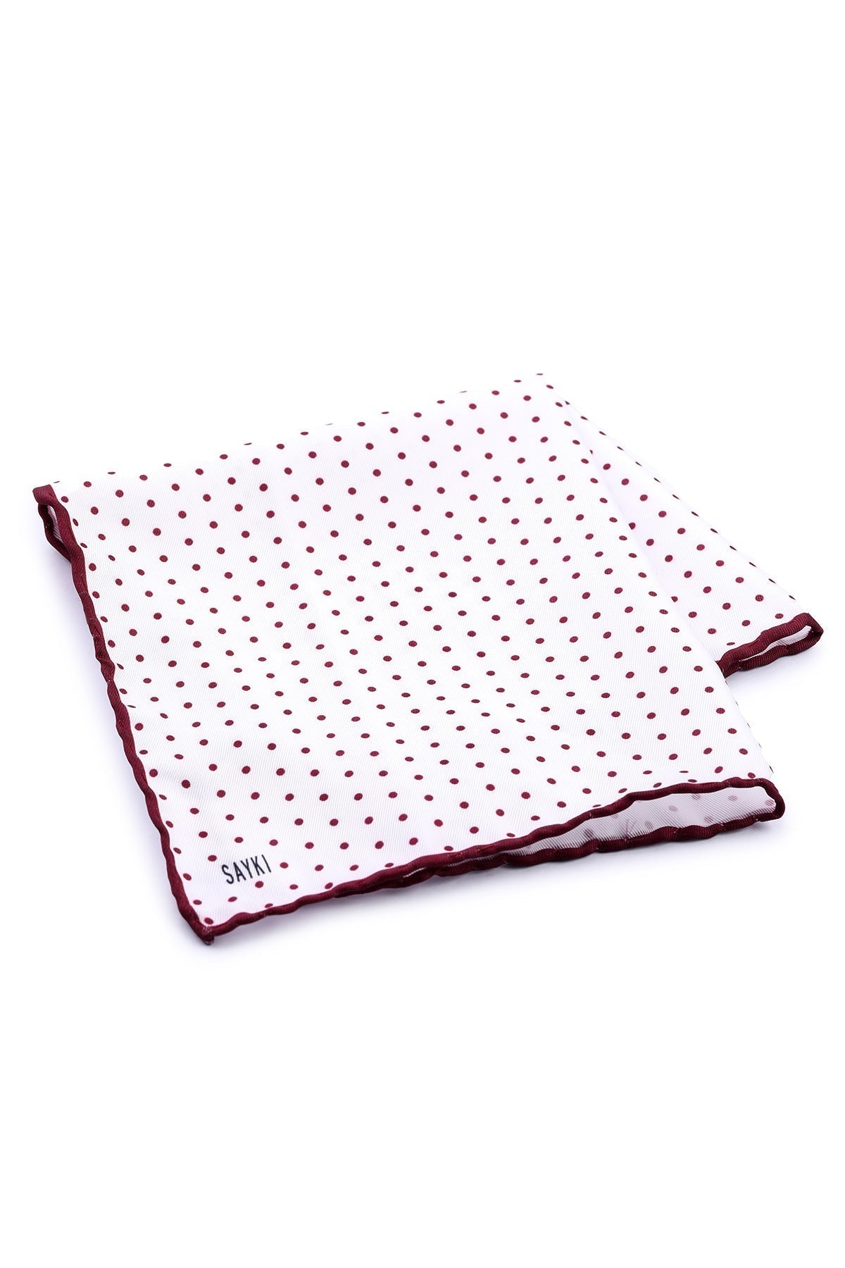 A white pocket square with a pattern of small, evenly spaced burgundy polka dots and matching burgundy trim along the edges.