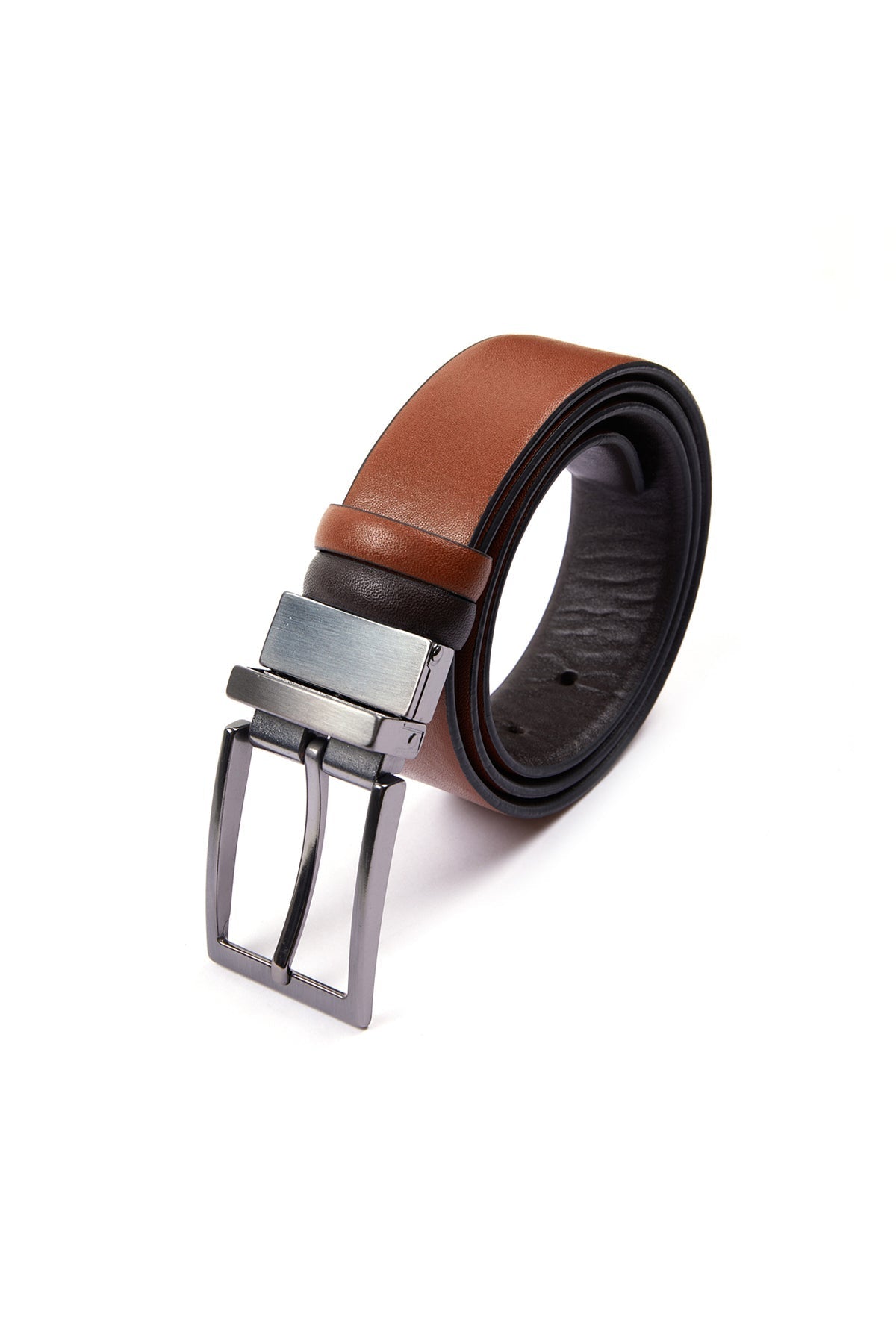Brown leather belt with a silver-toned buckle.
