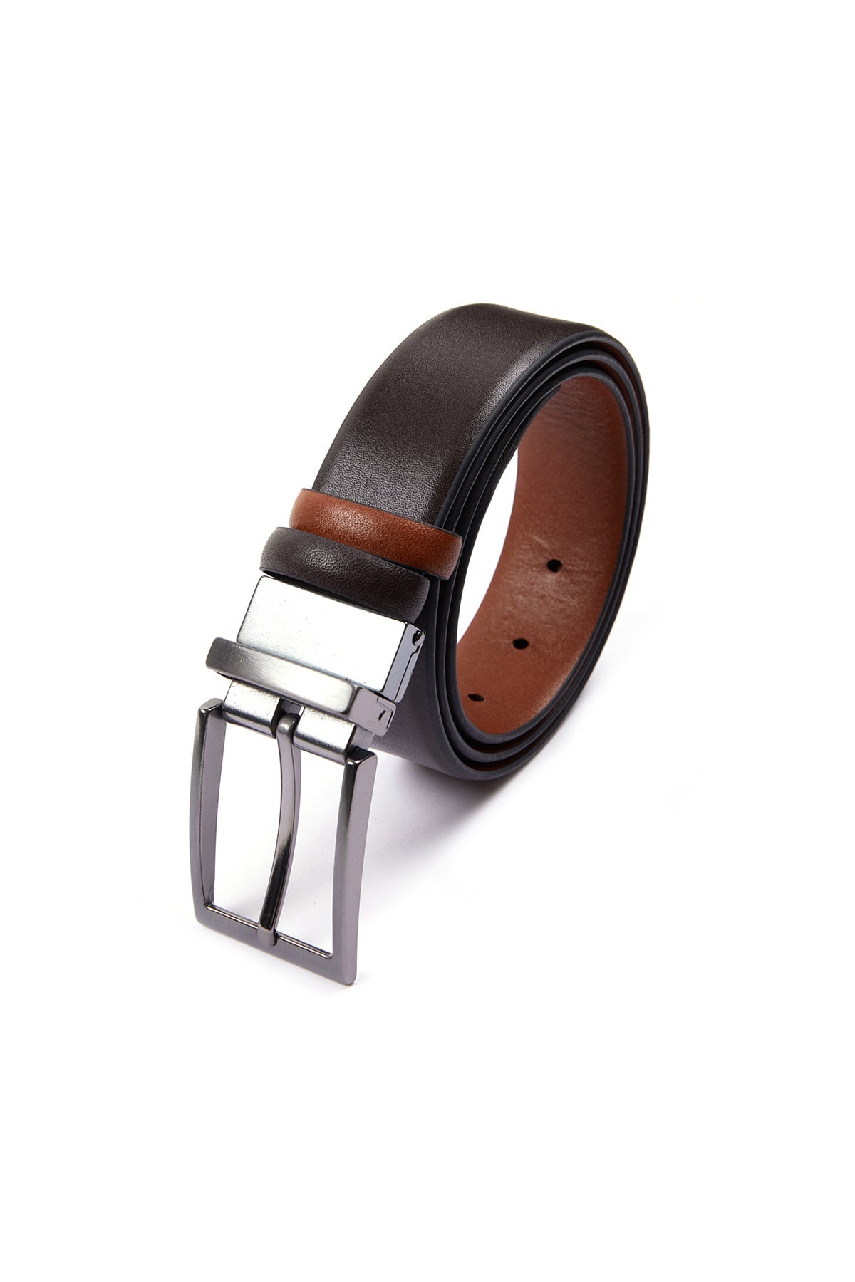 Dark brown leather belt with a contrasting tan inner lining and a sleek, silver-toned metal buckle.