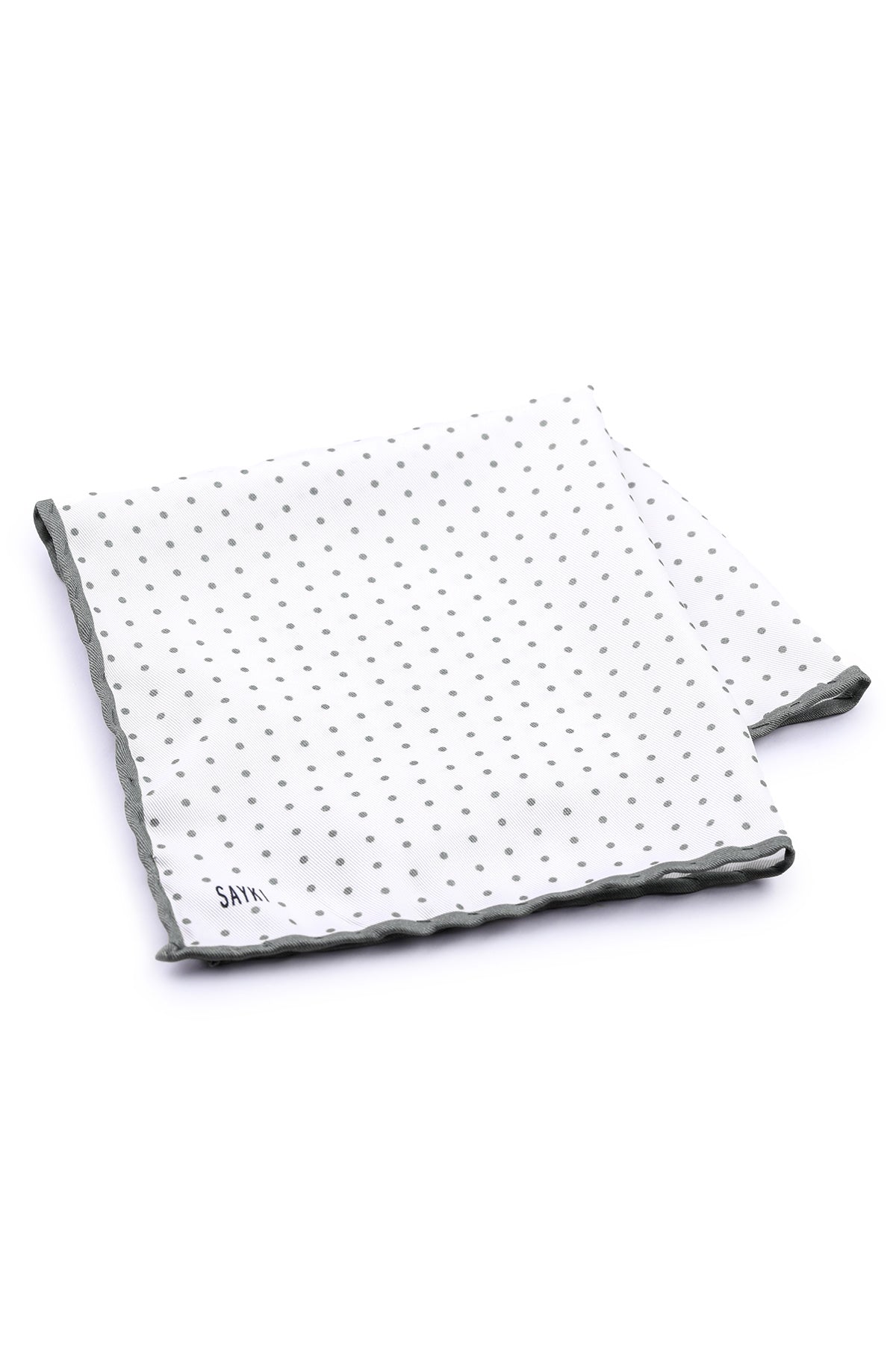 White pocket square with gray polka dots and a matching gray border.