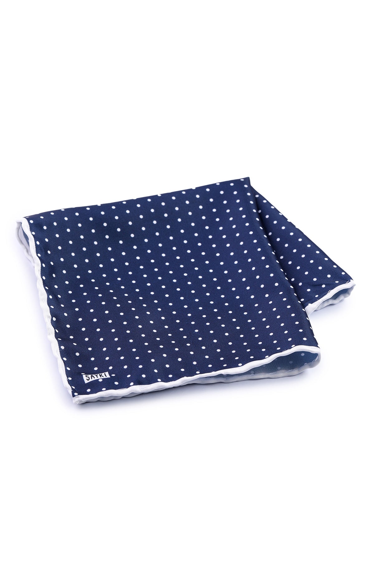 Navy blue pocket square with white polka dots and a crisp white border