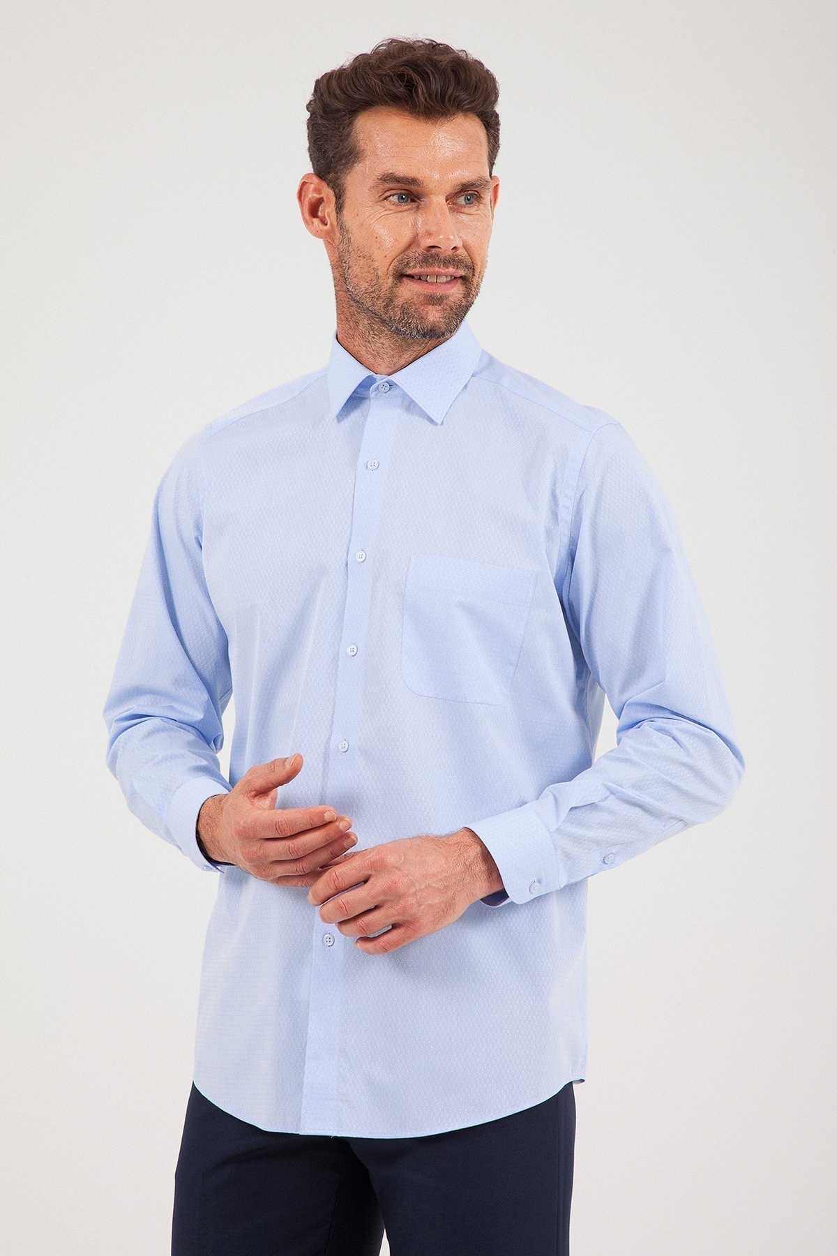 Classic Fit Long Sleeve Cotton Blue Dress Shirt - SAYKI