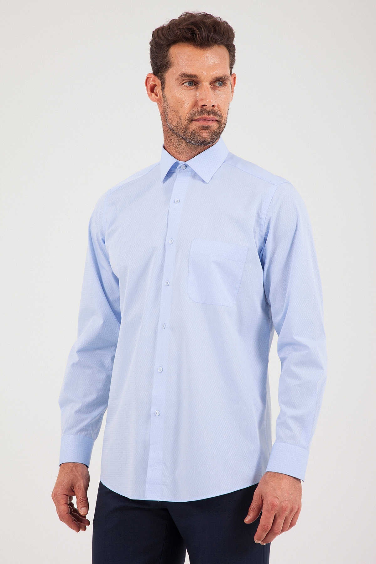 Classic Fit Long Sleeve Cotton Blue Dress Shirt - SAYKI