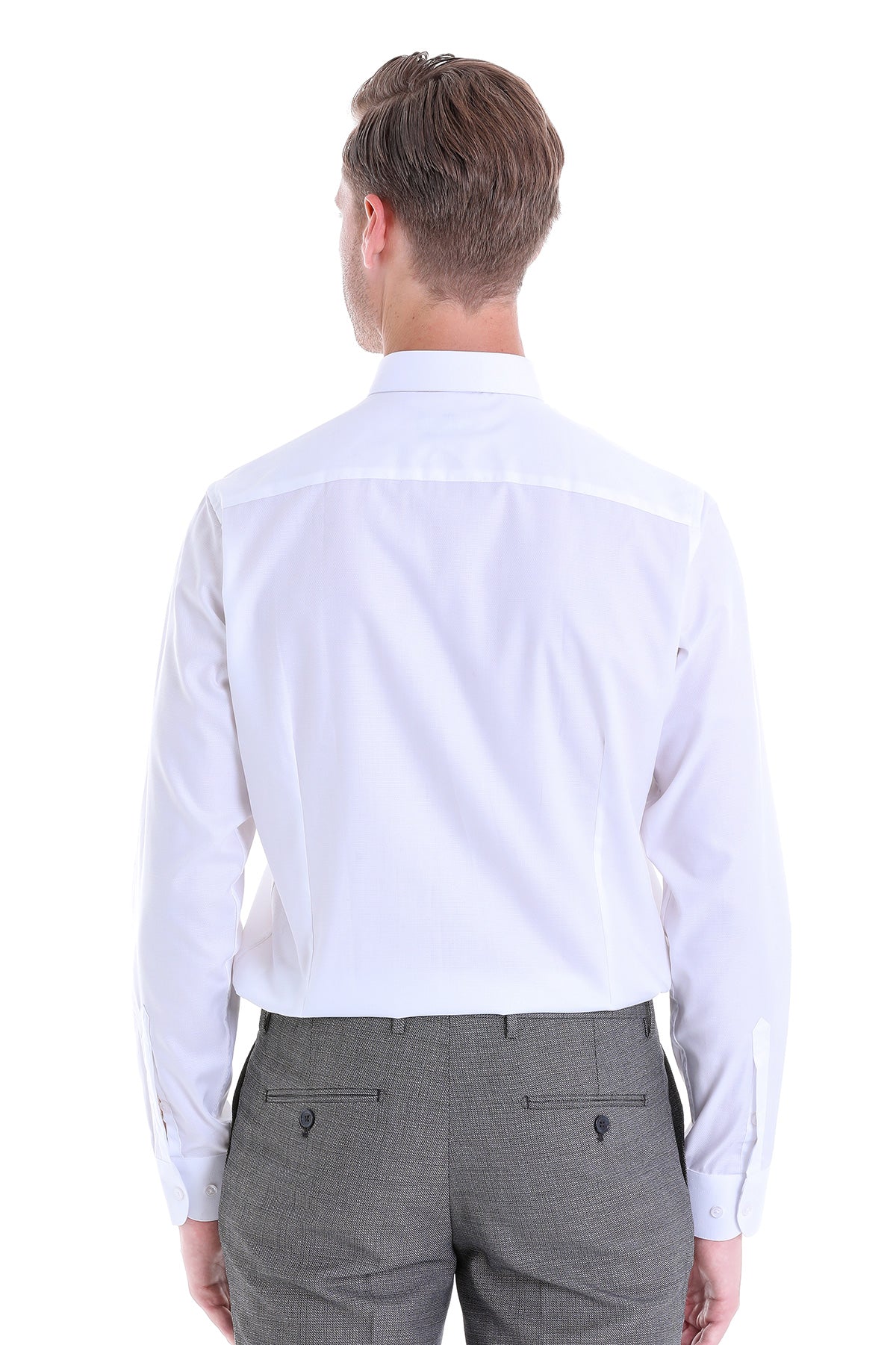 Classic Fit Long Sleeve Cotton White Dress Shirt - SAYKI