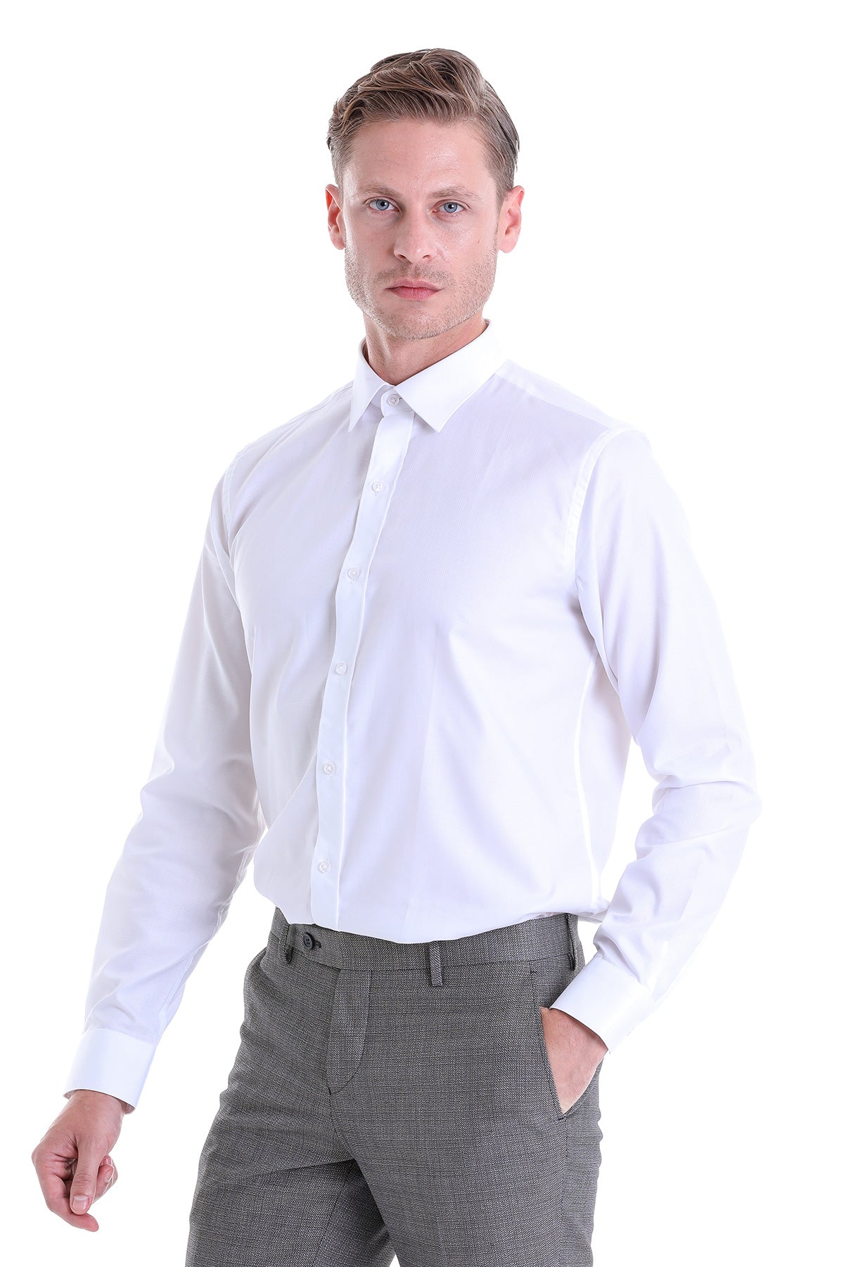 White long-sleeved dress shirt with a classic collar and button-down front.