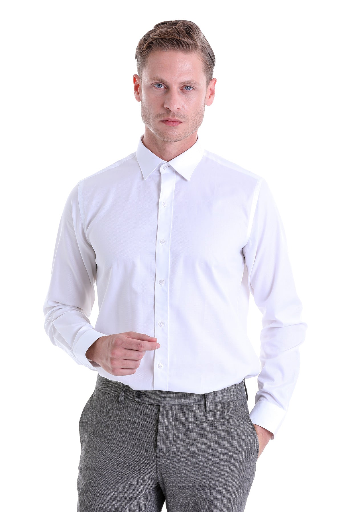 A crisp white long-sleeved dress shirt with a classic collar and button-down front.