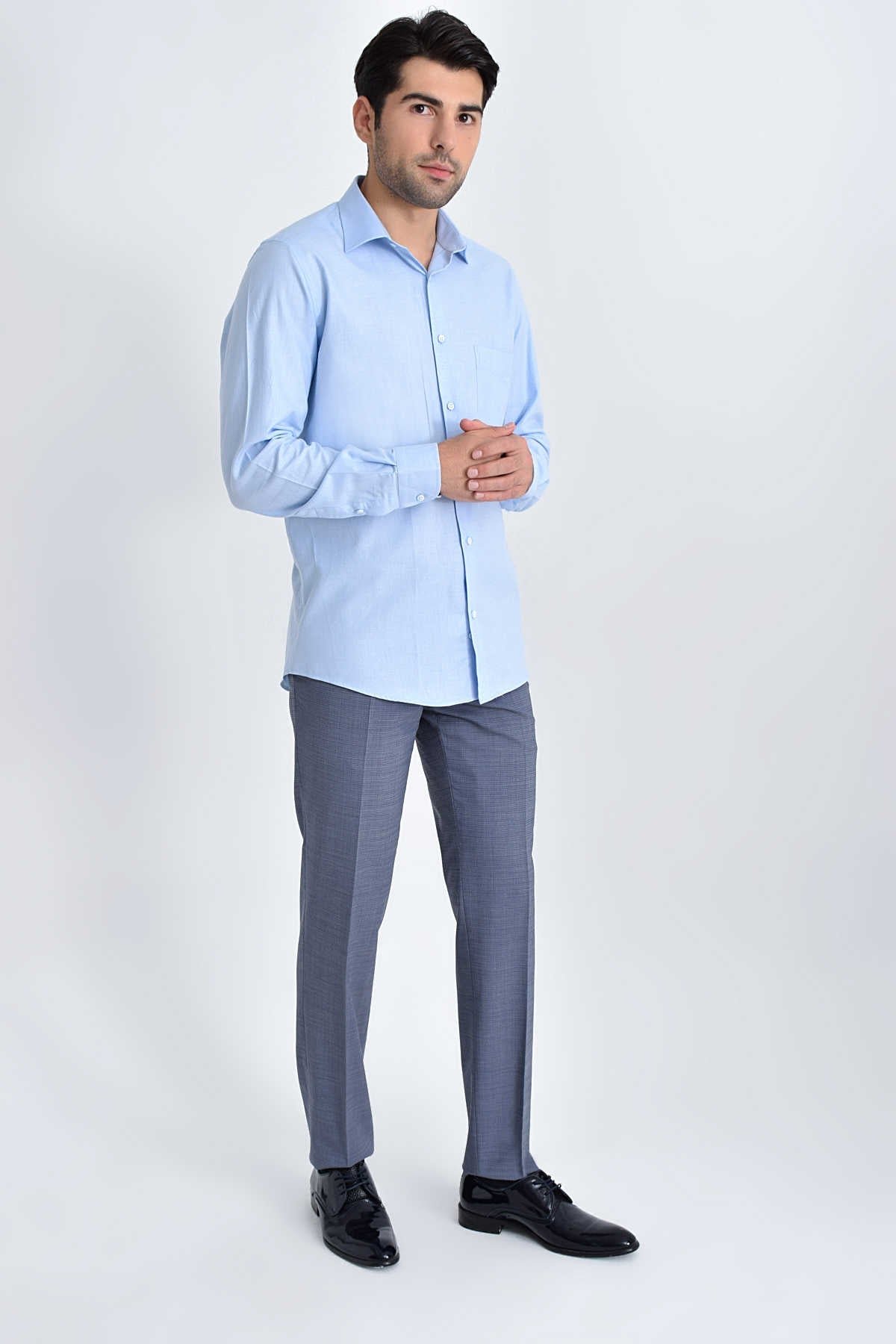 Classic Fit Long Sleeve Plain Cotton Blue Dress Shirt
