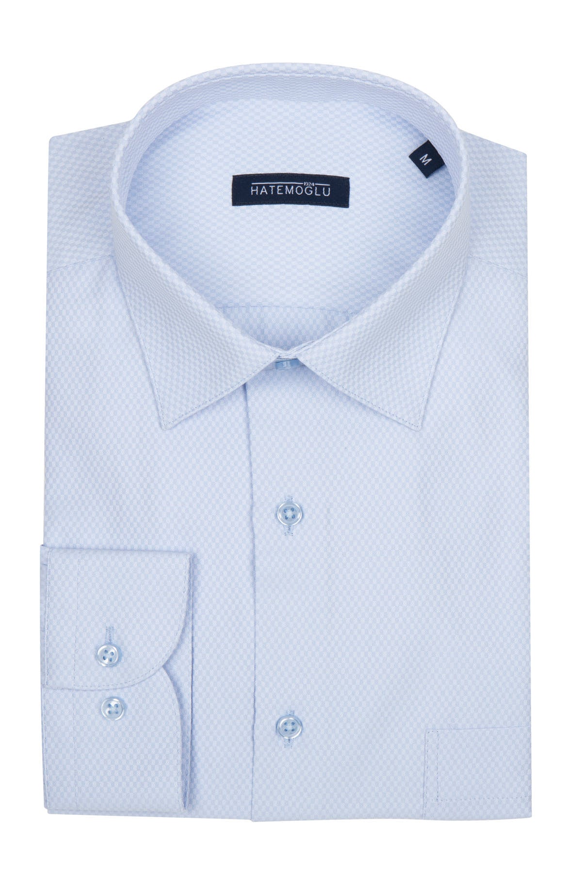 A crisp white hatemoglu men’s dress shirt with a subtle textured weave and classic button-down collar.