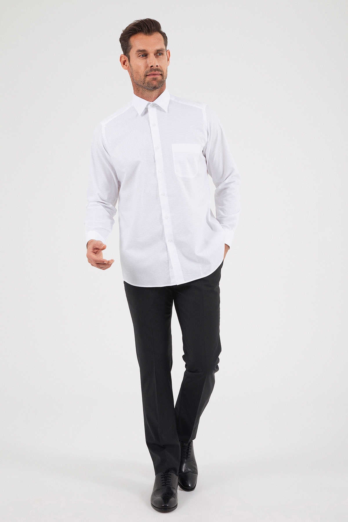 Classic Fit Pin Check Cotton White Dress Shirt - SAYKI