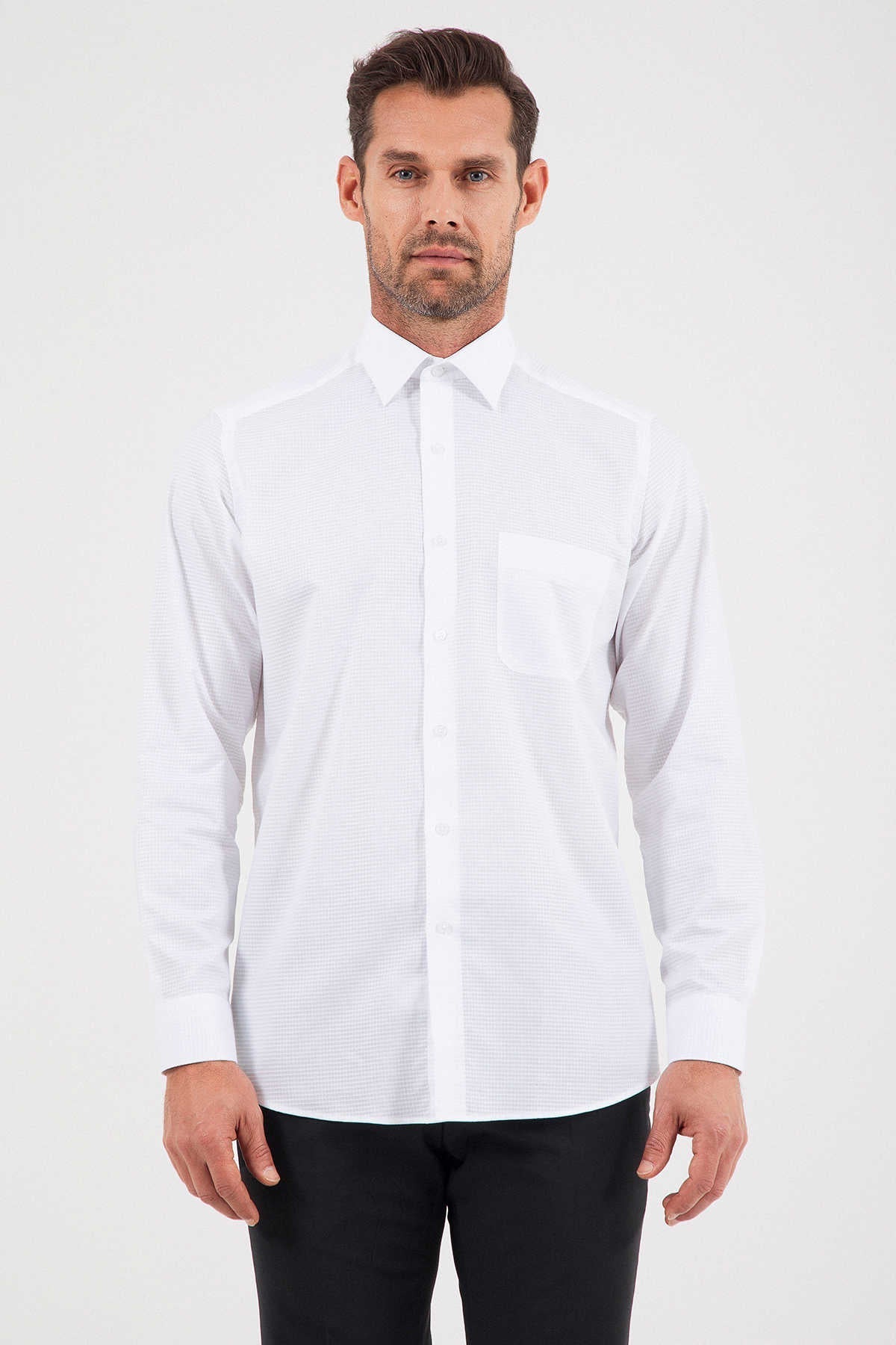 Classic Fit Pin Check Cotton White Dress Shirt - SAYKI