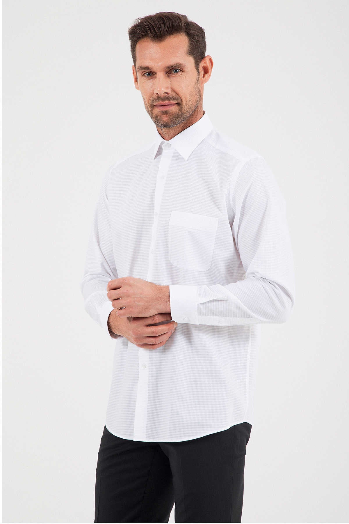 Classic Fit Pin Check Cotton White Dress Shirt - SAYKI