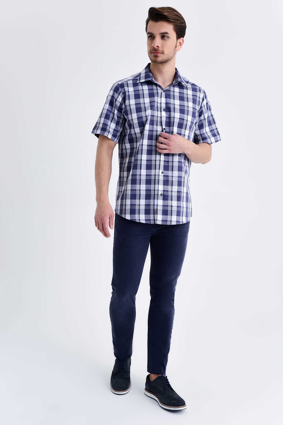 Classic Fit Plaid Cotton Navy Dress Shirt - SAYKI