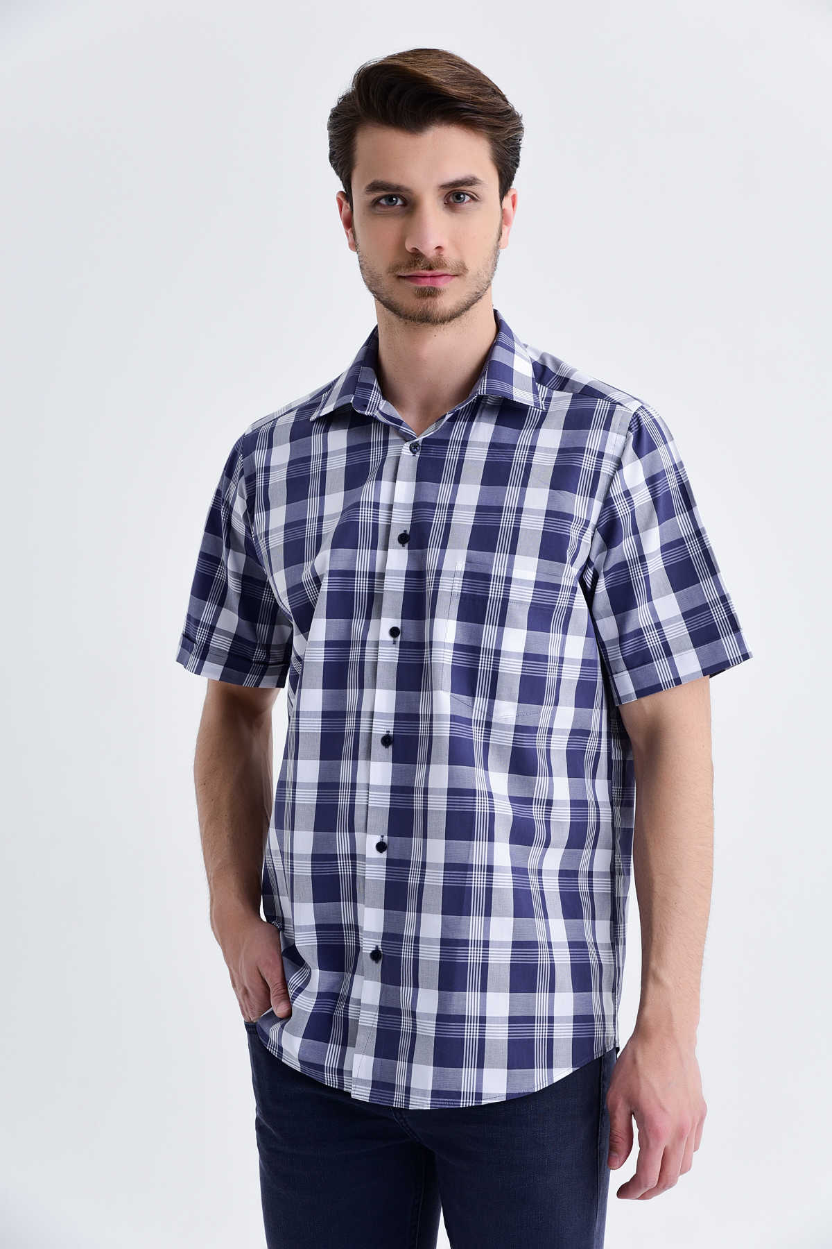 Classic Fit Plaid Cotton Navy Dress Shirt - SAYKI