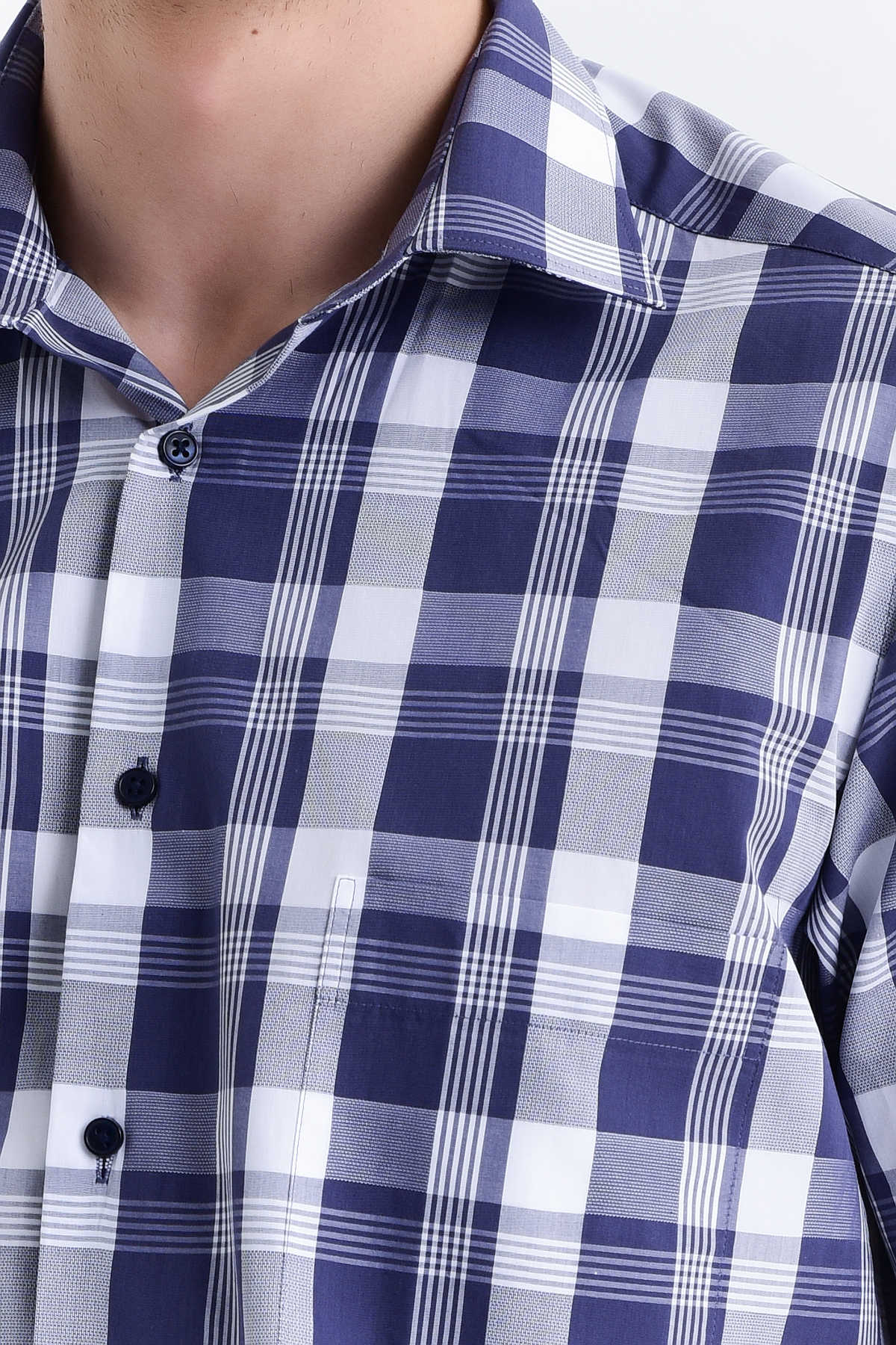 Classic Fit Plaid Cotton Navy Dress Shirt - SAYKI