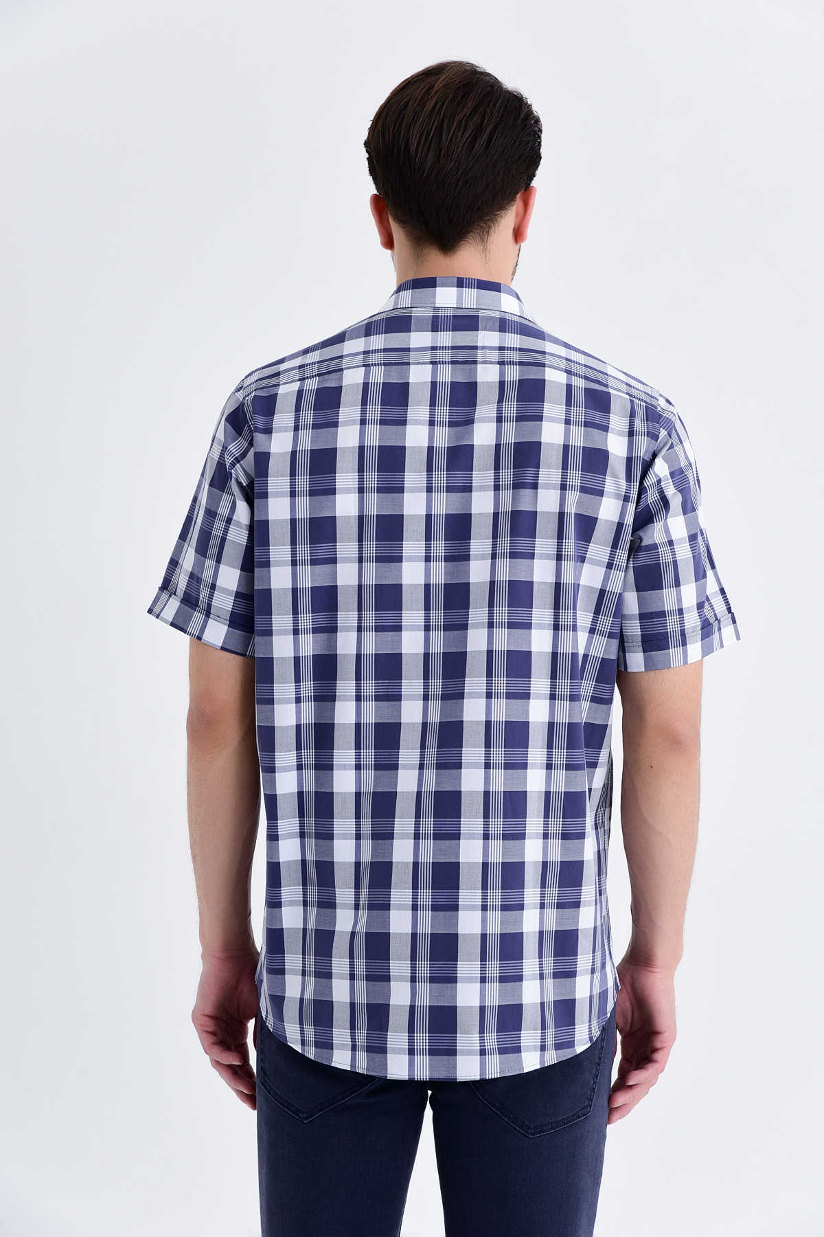 Classic Fit Plaid Cotton Navy Dress Shirt - SAYKI