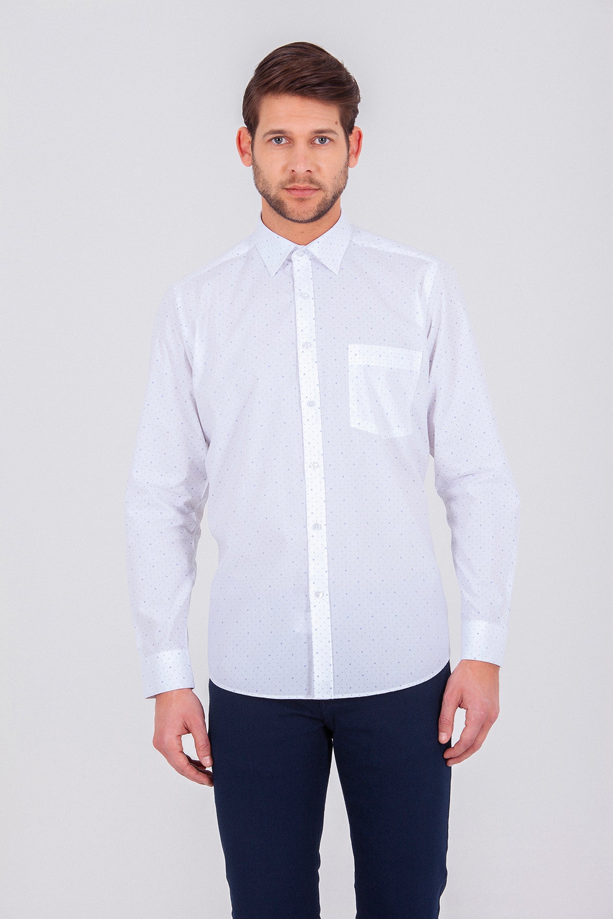 Classic Fit Printed Cotton Blend Dress Navy Shirt - SAYKI