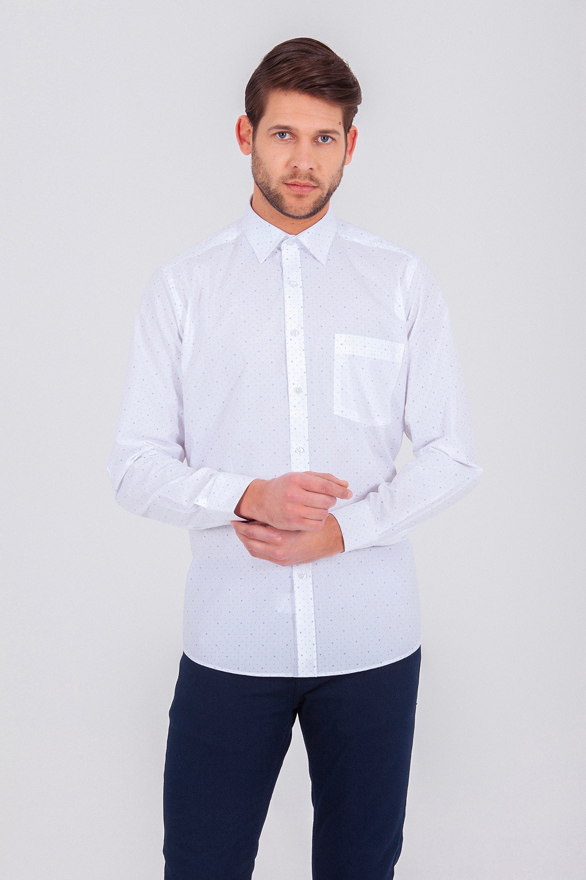 Classic Fit Printed Cotton Blend Dress Navy Shirt - SAYKI