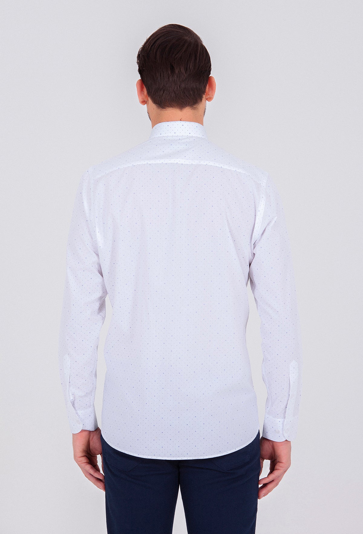 Classic Fit Printed Cotton Blend Dress Navy Shirt - SAYKI