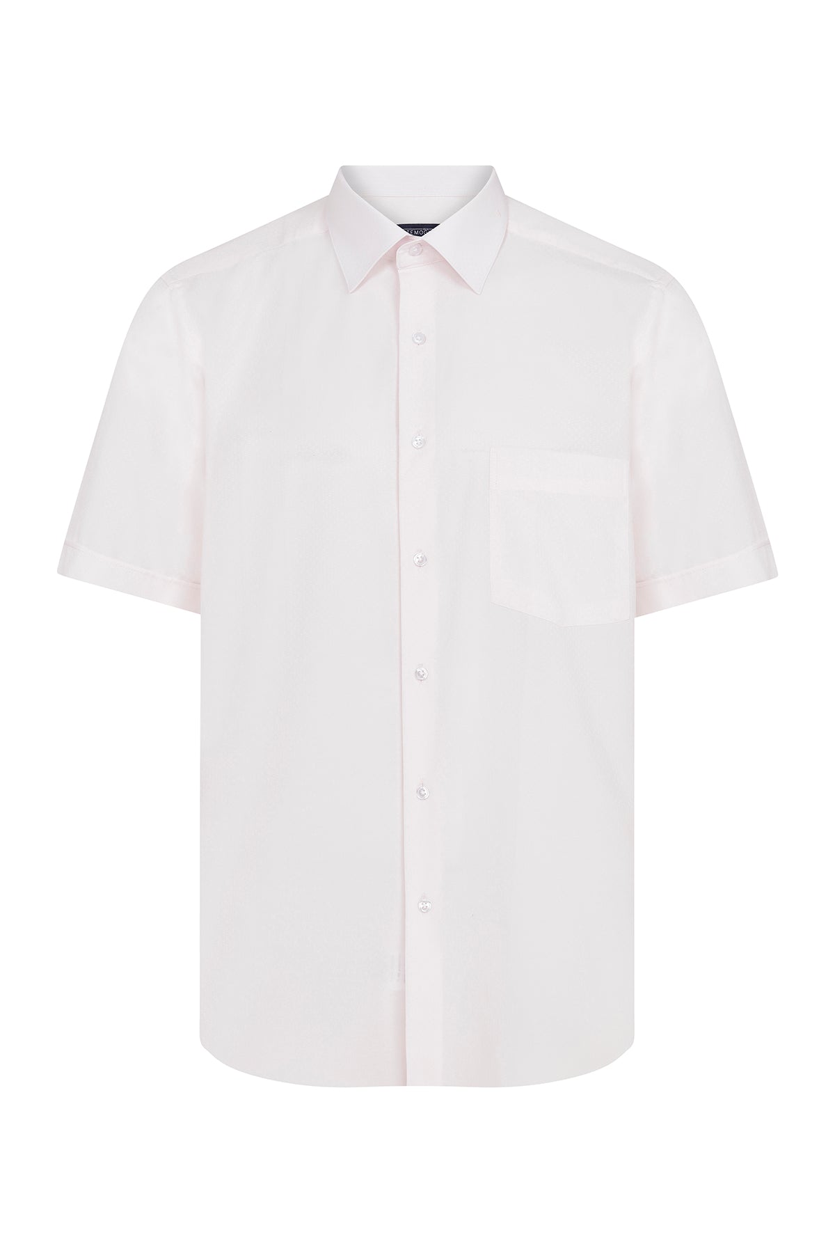 White short-sleeved button-up shirt with a classic collar and single chest pocket.