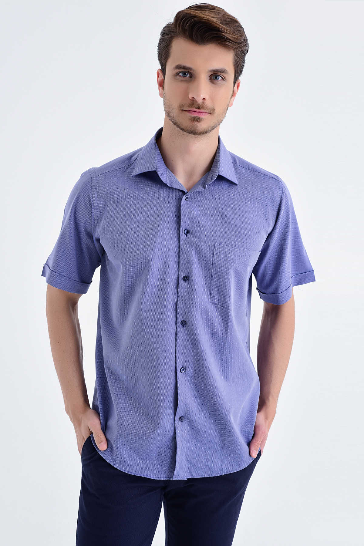 Classic Fit Short Sleeve Cotton Blue Dress Shirt - SAYKI