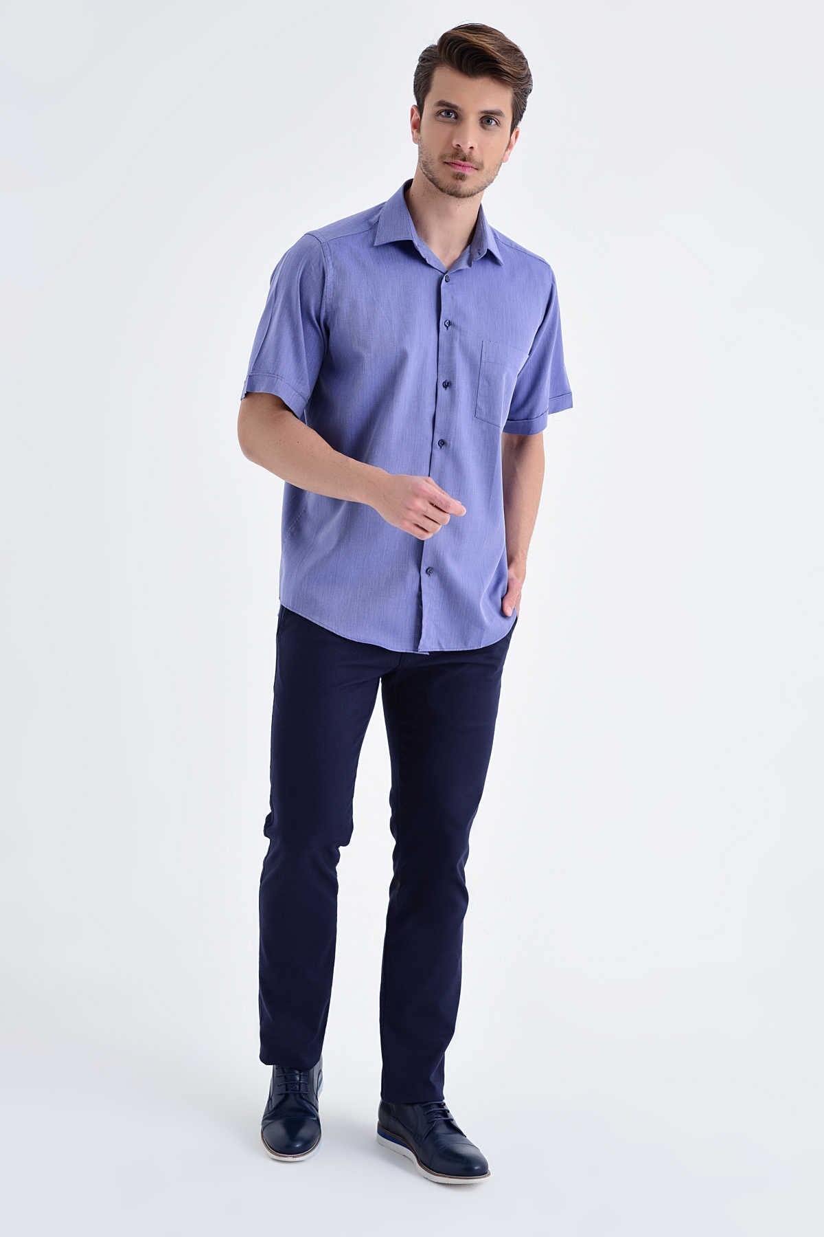 Classic Fit Short Sleeve Cotton Blue Dress Shirt - SAYKI
