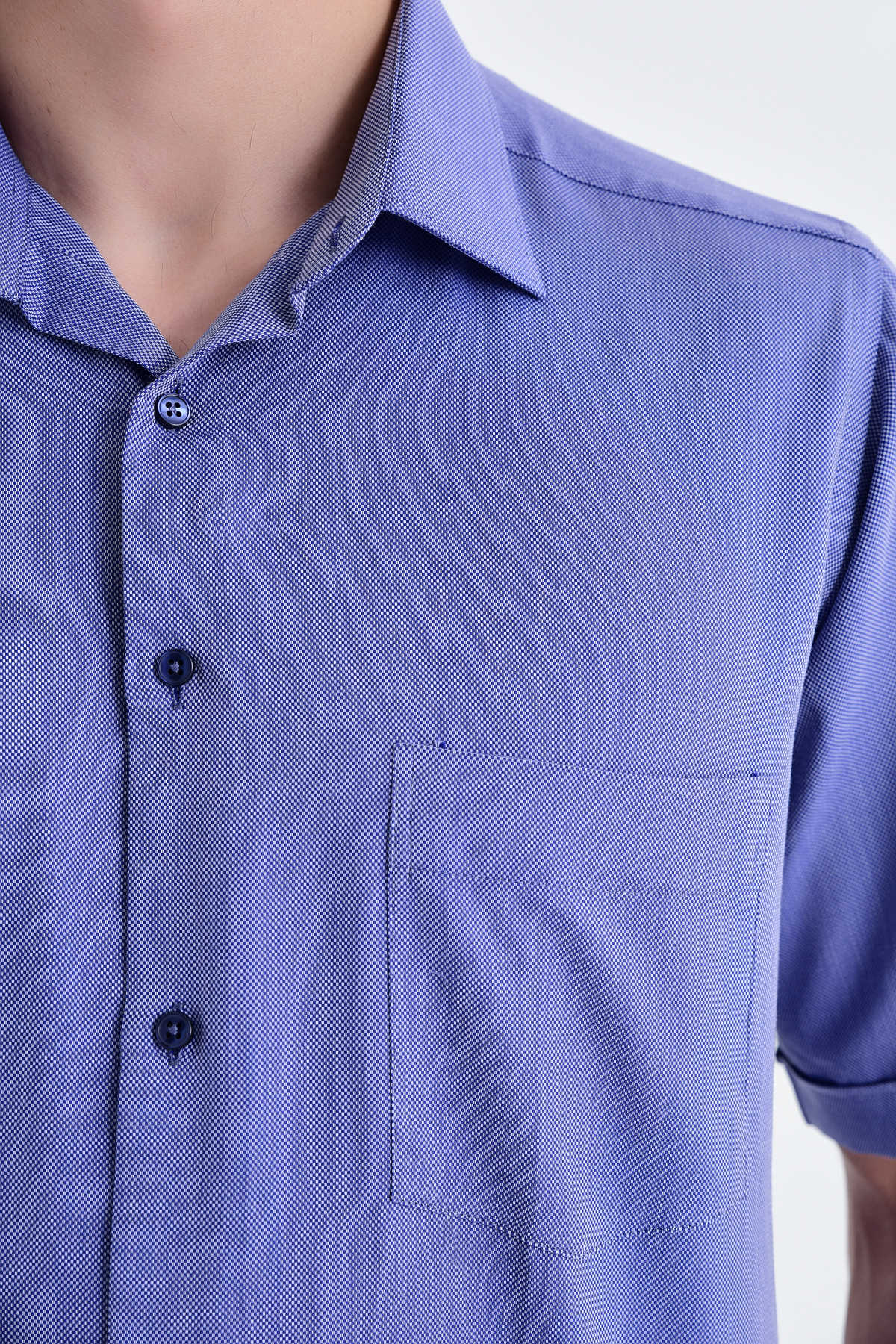 Classic Fit Short Sleeve Cotton Blue Dress Shirt - SAYKI