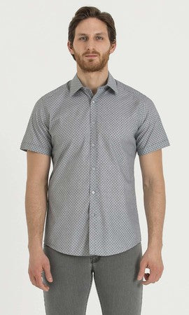 Classic Fit Short Sleeve Cotton Gray Dress Shirt - SAYKI