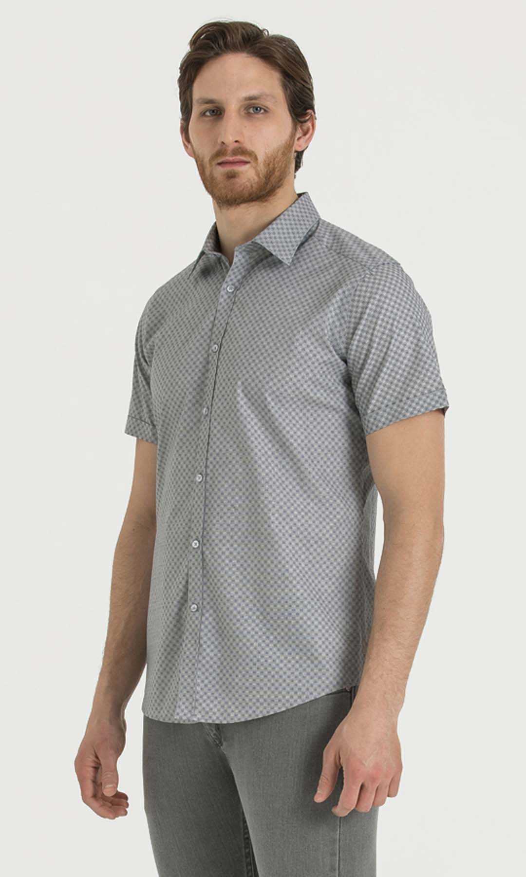 Gray short-sleeved button-down shirt with a subtle checkered pattern.