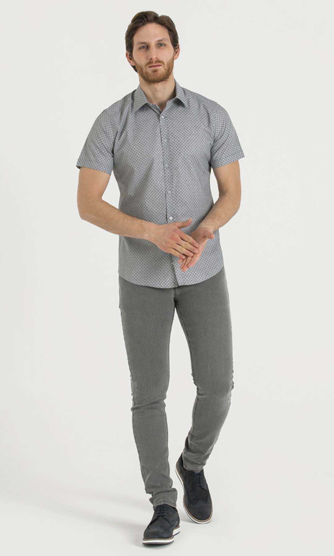 Classic Fit Short Sleeve Cotton Gray Dress Shirt - SAYKI