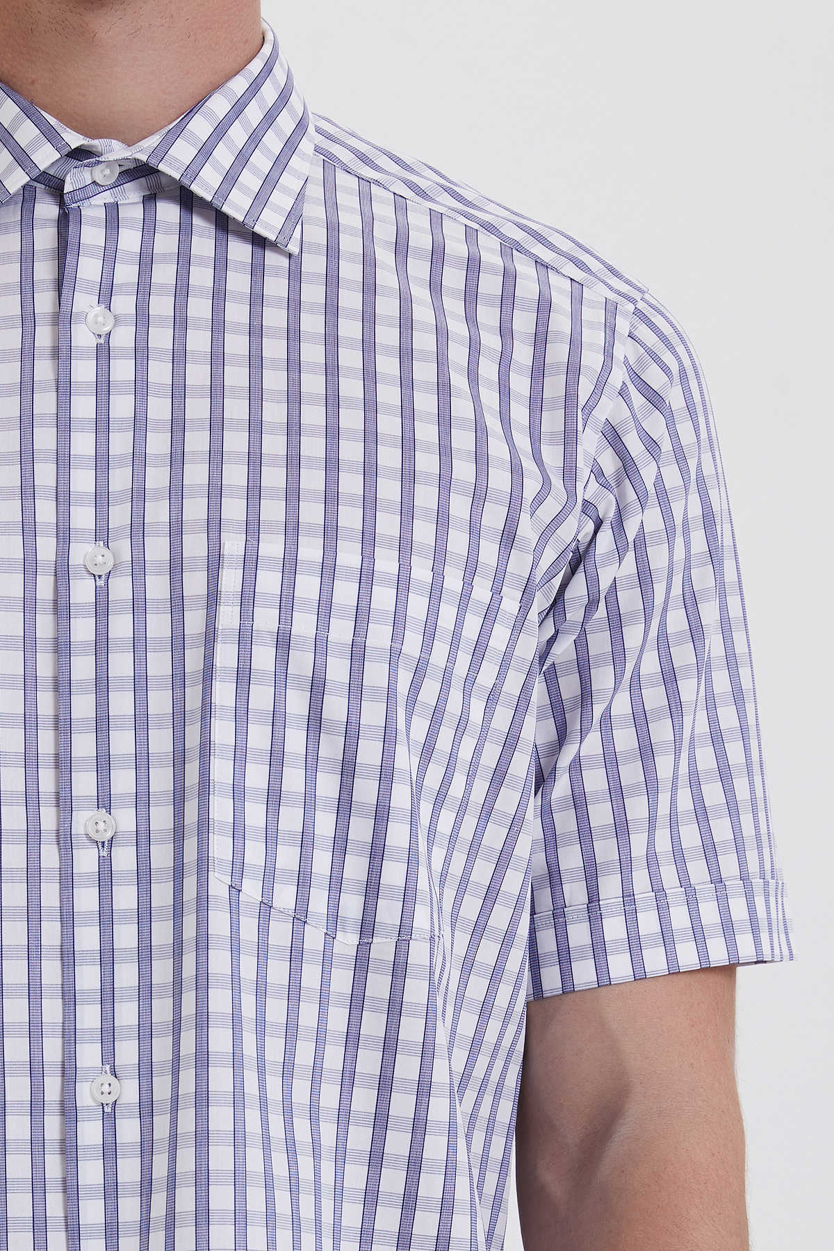 Classic Fit Short Sleeve Plaid Cotton Blue Dress Shirt