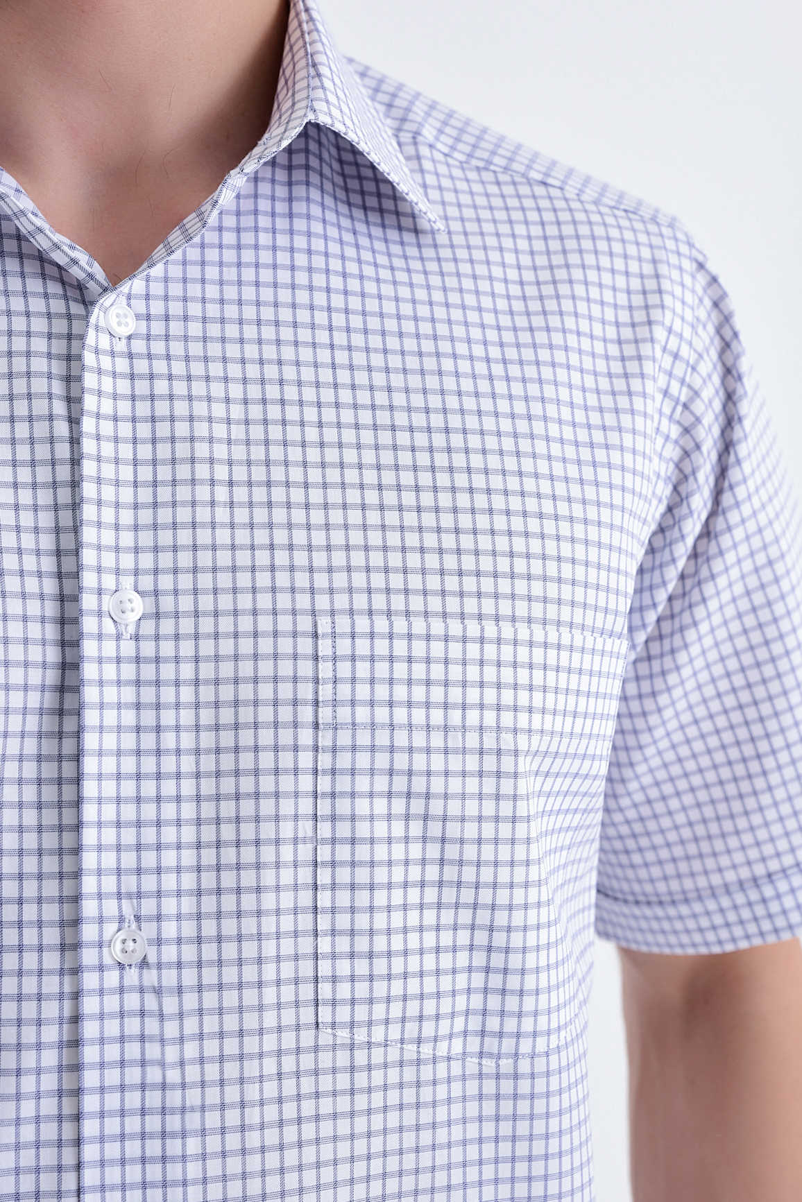 Classic Fit Short Sleeve Plaid Cotton Navy Dress Shirt