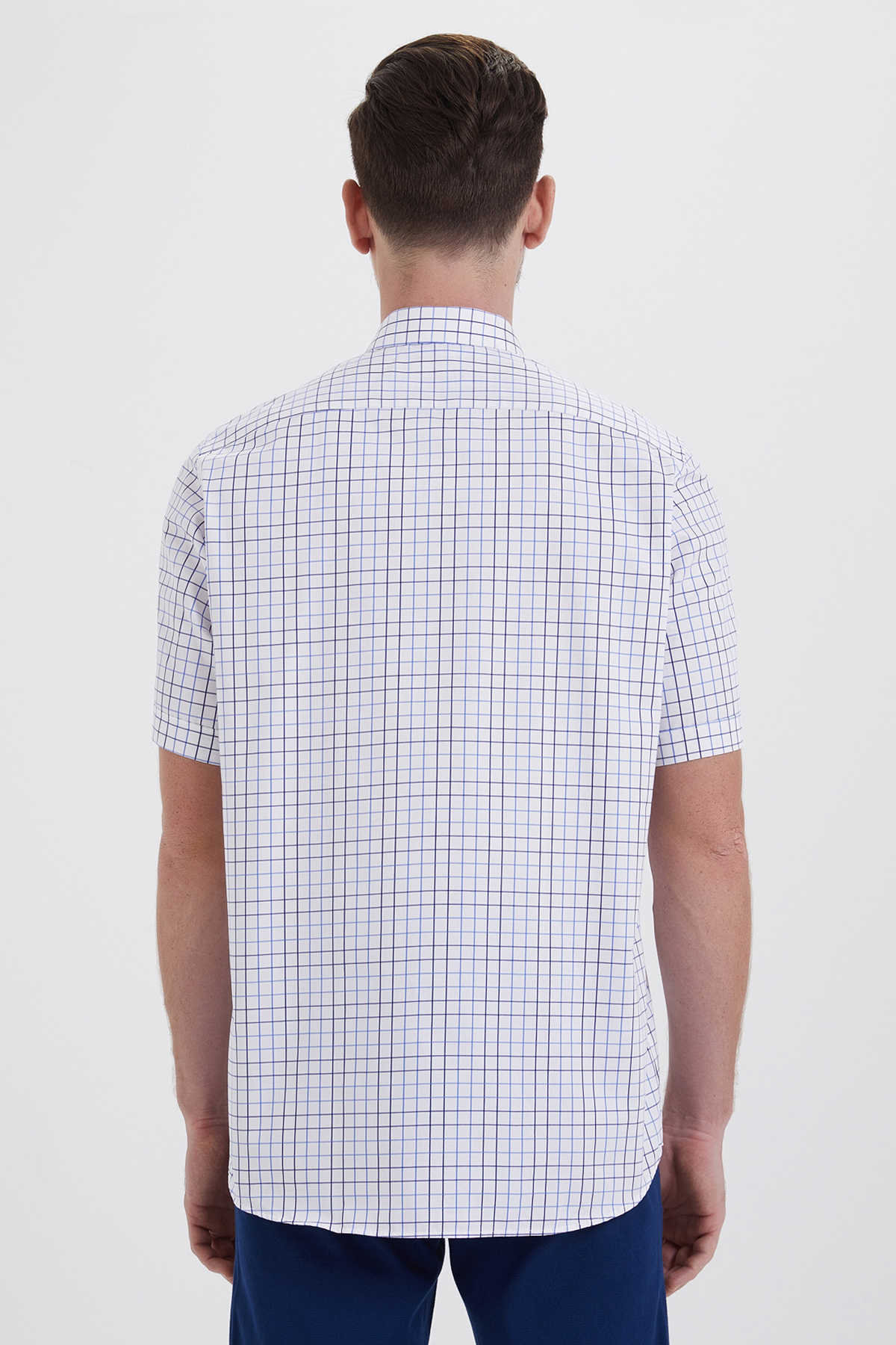 Classic Fit Windowspane Plaid Cotton Navy Dress Shirt