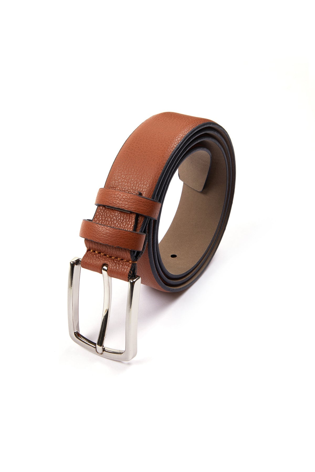 Tan leather belt with a silver-toned buckle.
