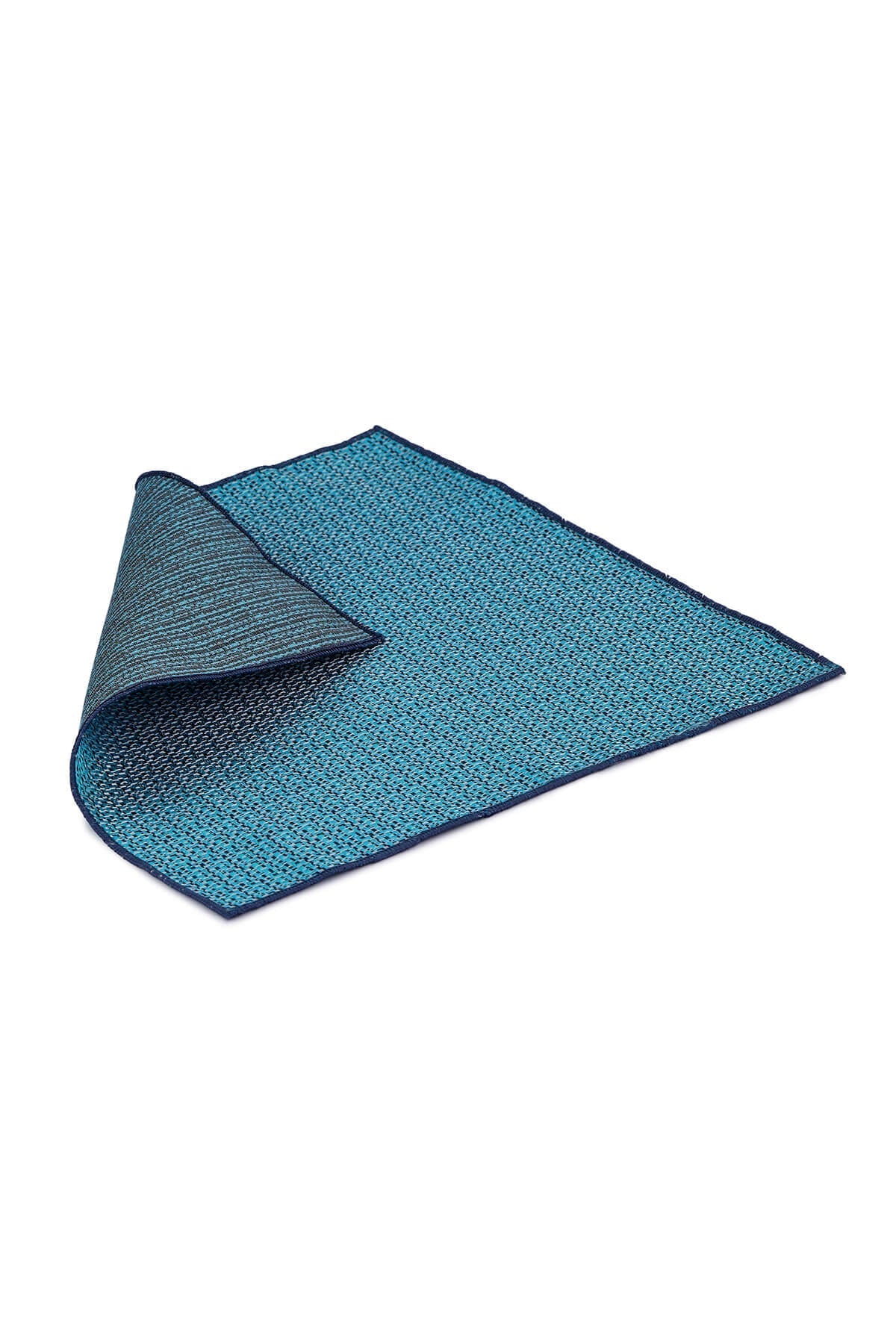 Teal woven placemat with a textured, interlaced pattern and dark blue border.