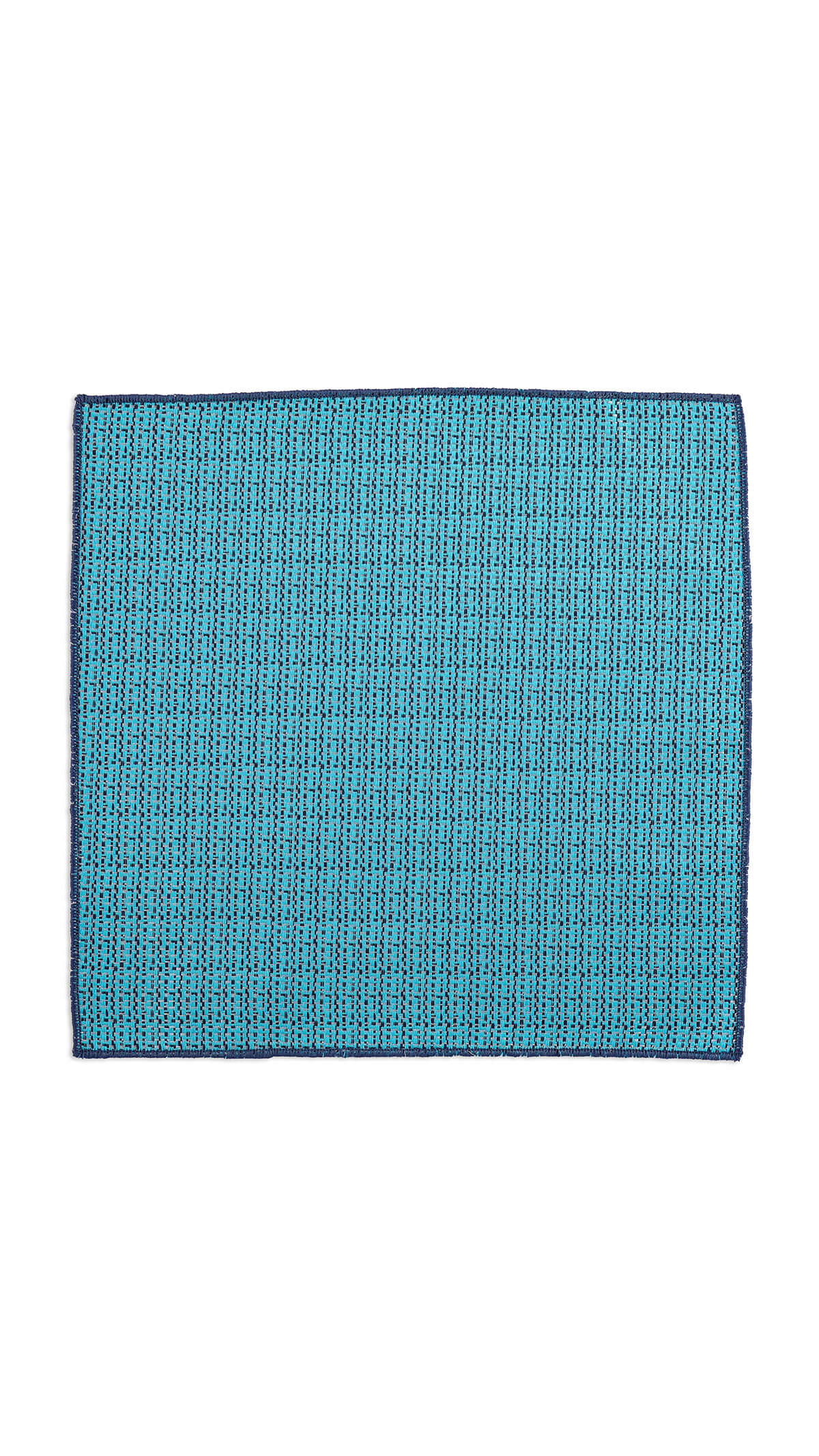 A teal woven pocket square with a subtle textured pattern and a darker blue border.