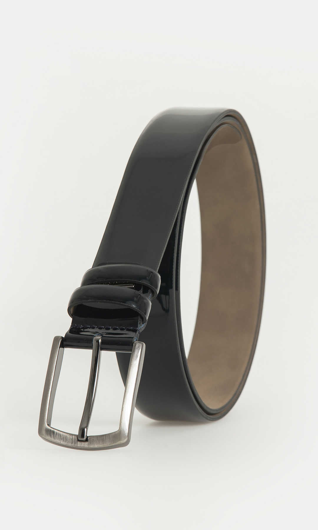 Black patent leather belt with a silver-toned buckle.