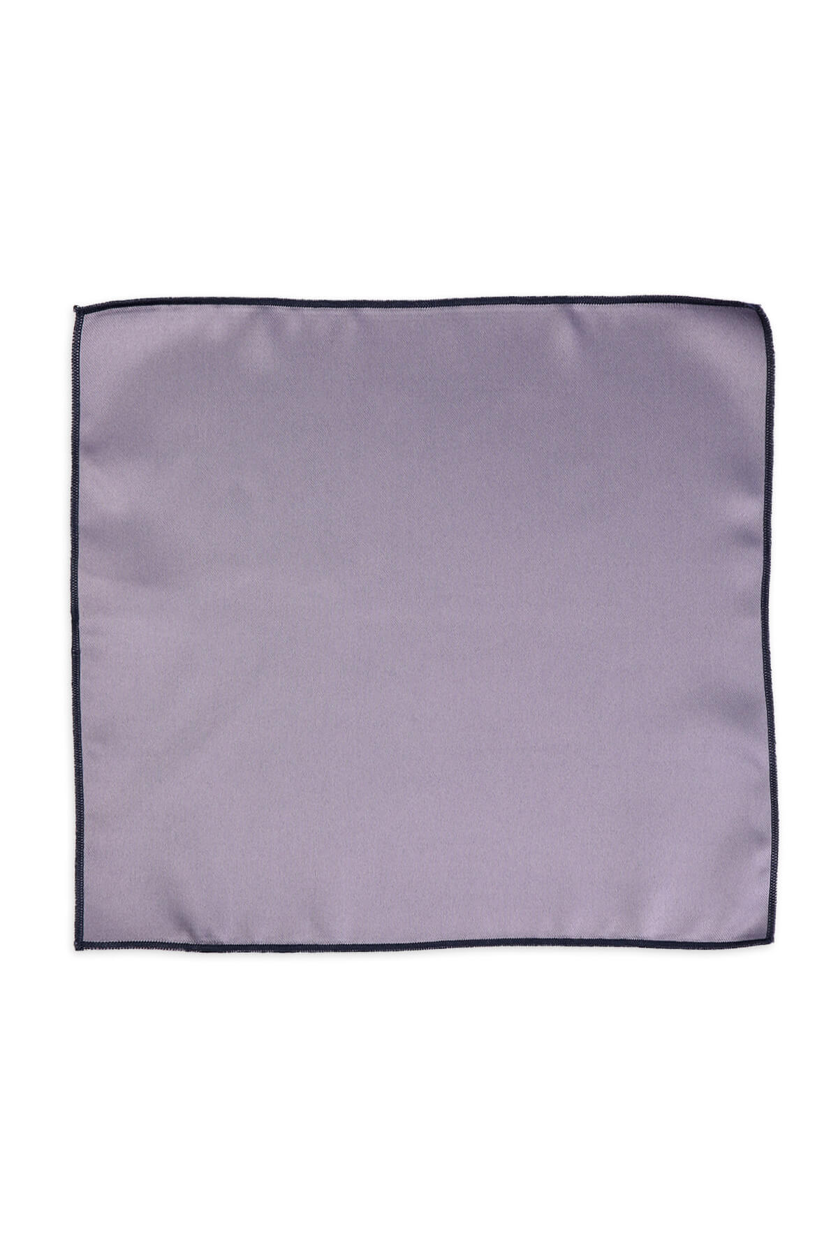 A sleek, solid gray pocket square with a subtle sheen and neatly finished black border.