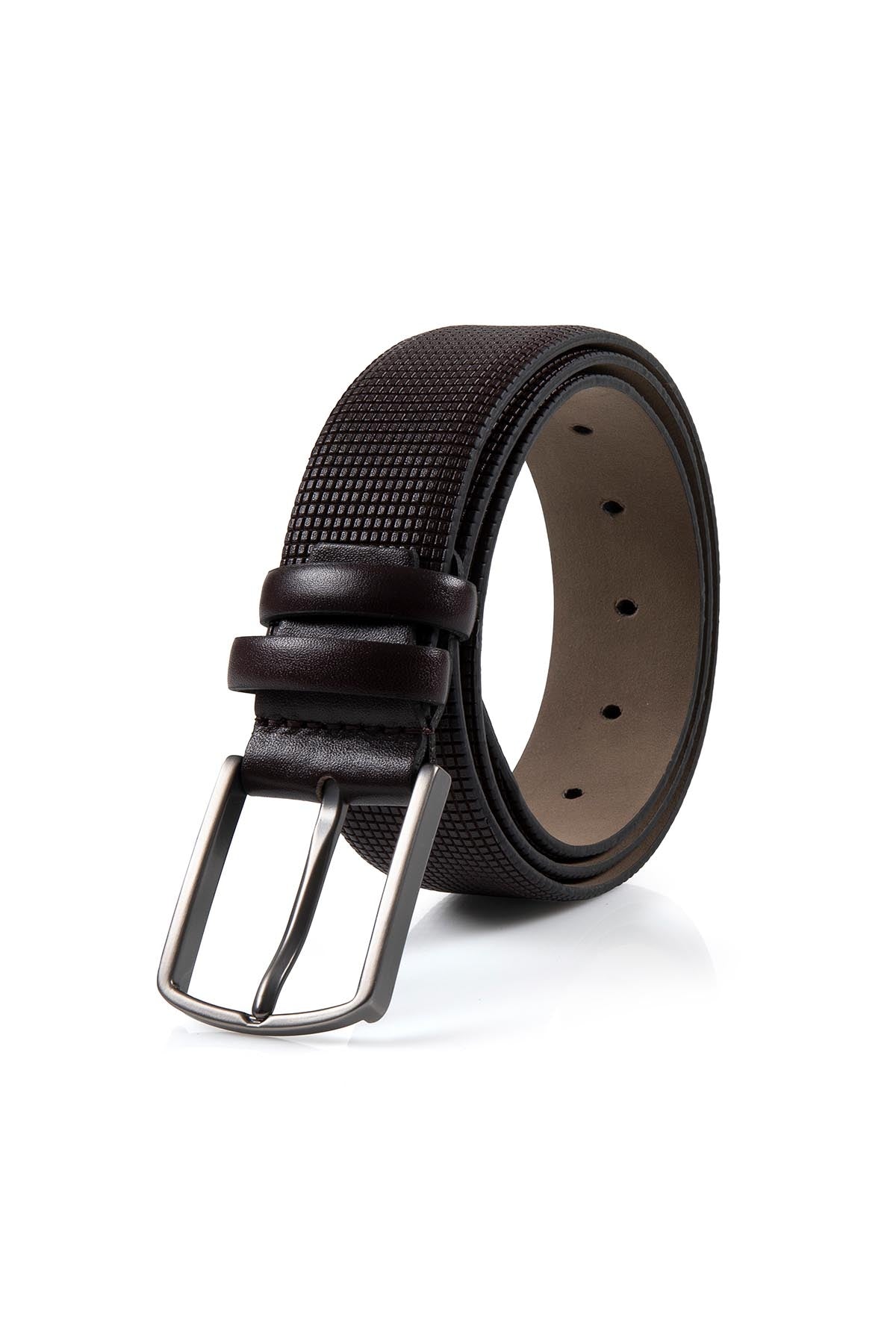 Black textured belt with a silver-toned buckle.