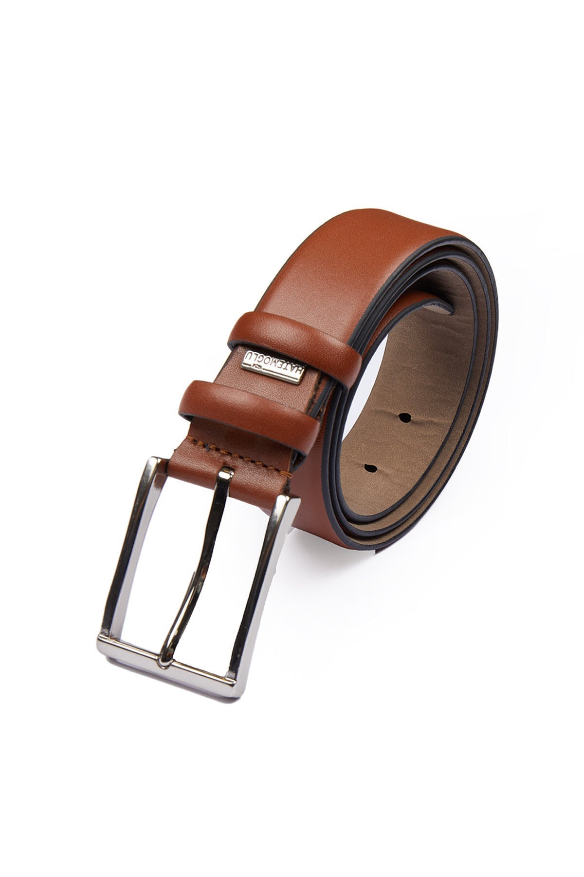 Brown leather belt with a silver-toned buckle and a small rectangular brand tag.
