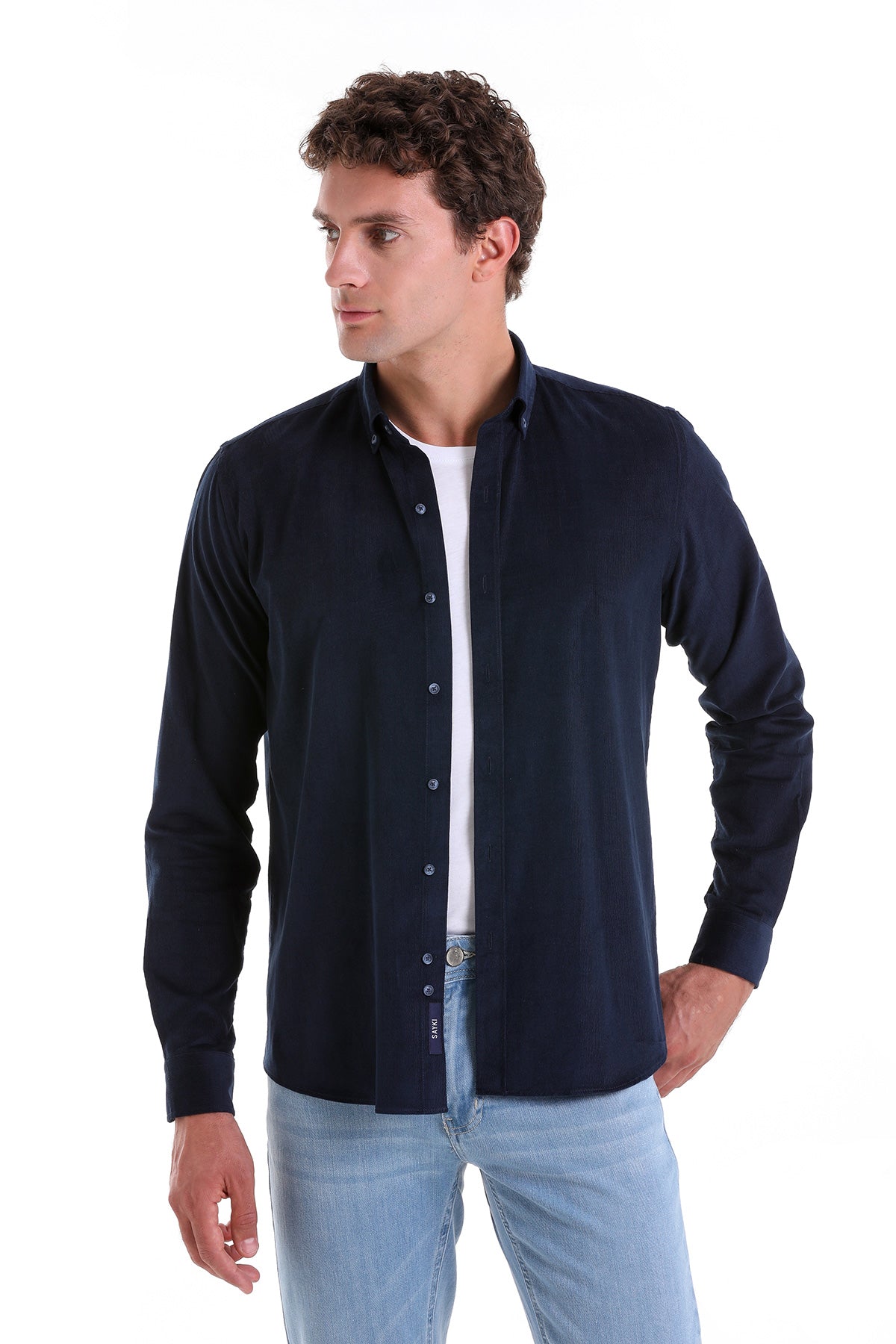 Navy blue long-sleeved button-down shirt