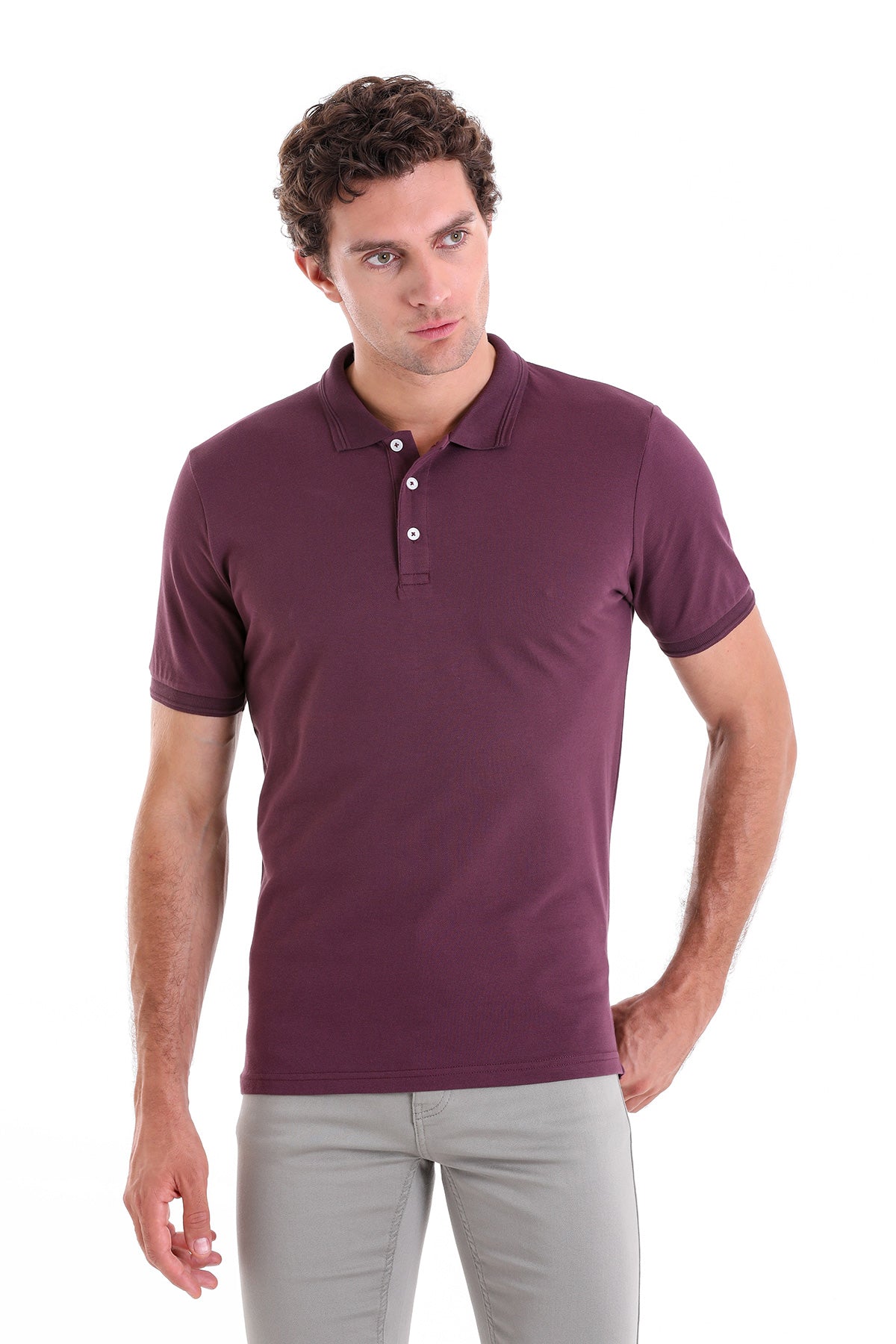 A men’s maroon polo shirt with a classic collar and white buttons.