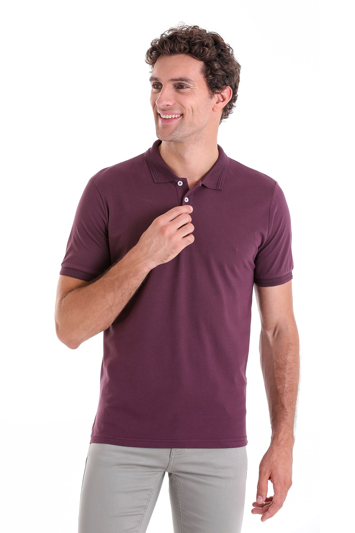 A maroon short-sleeved polo shirt with a classic collar and white buttons.