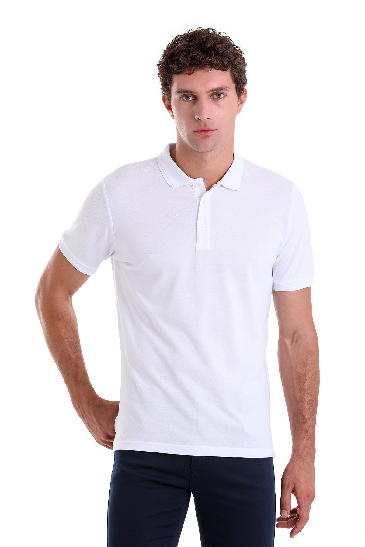 White short-sleeved polo shirt with a classic collar and button placket.