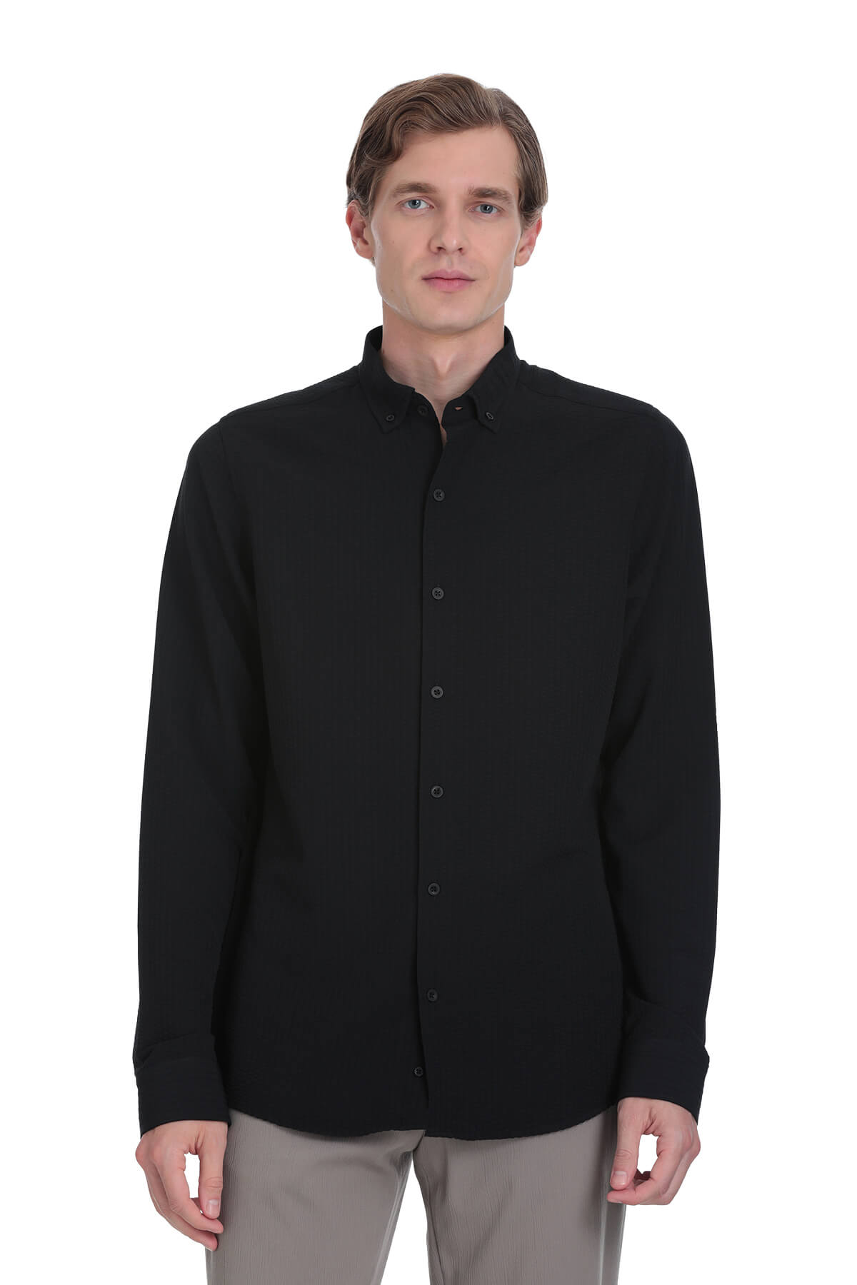 Black long-sleeved button-up shirt with a stand collar