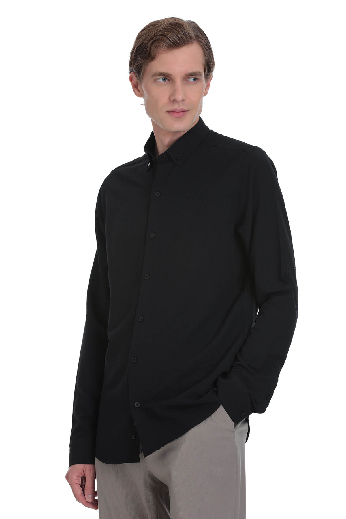 Black button-down shirt with a stand-up collar and long sleeves.