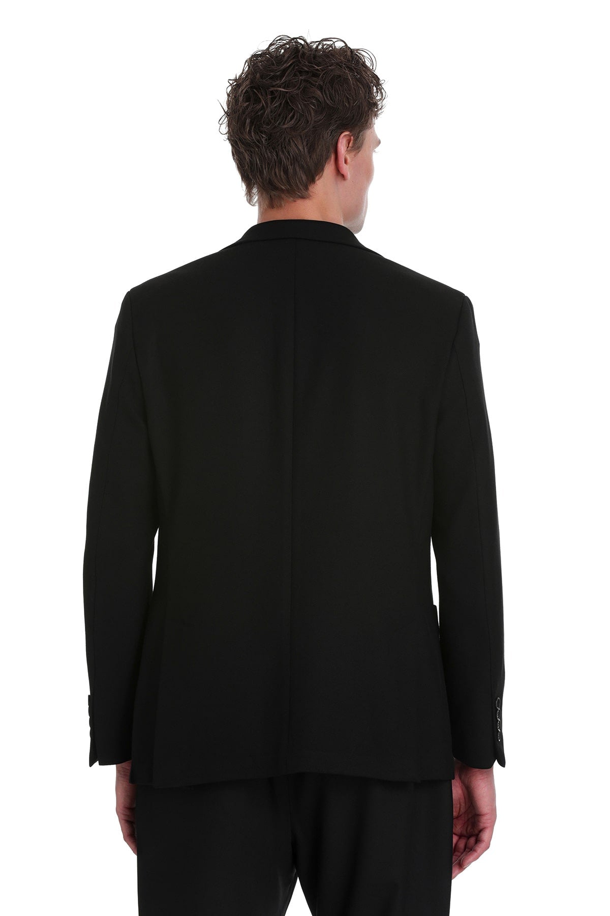 Black tailored suit jacket with a sleek, structured silhouette and subtle texture.