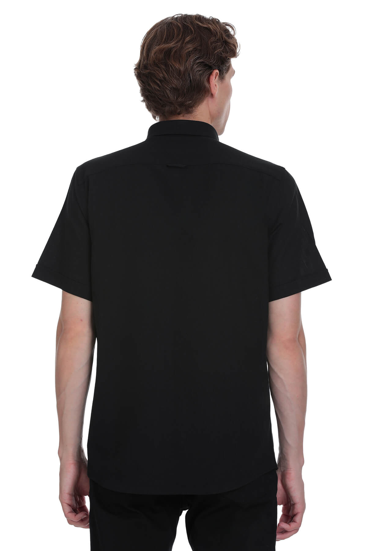Black short-sleeved collared shirt.